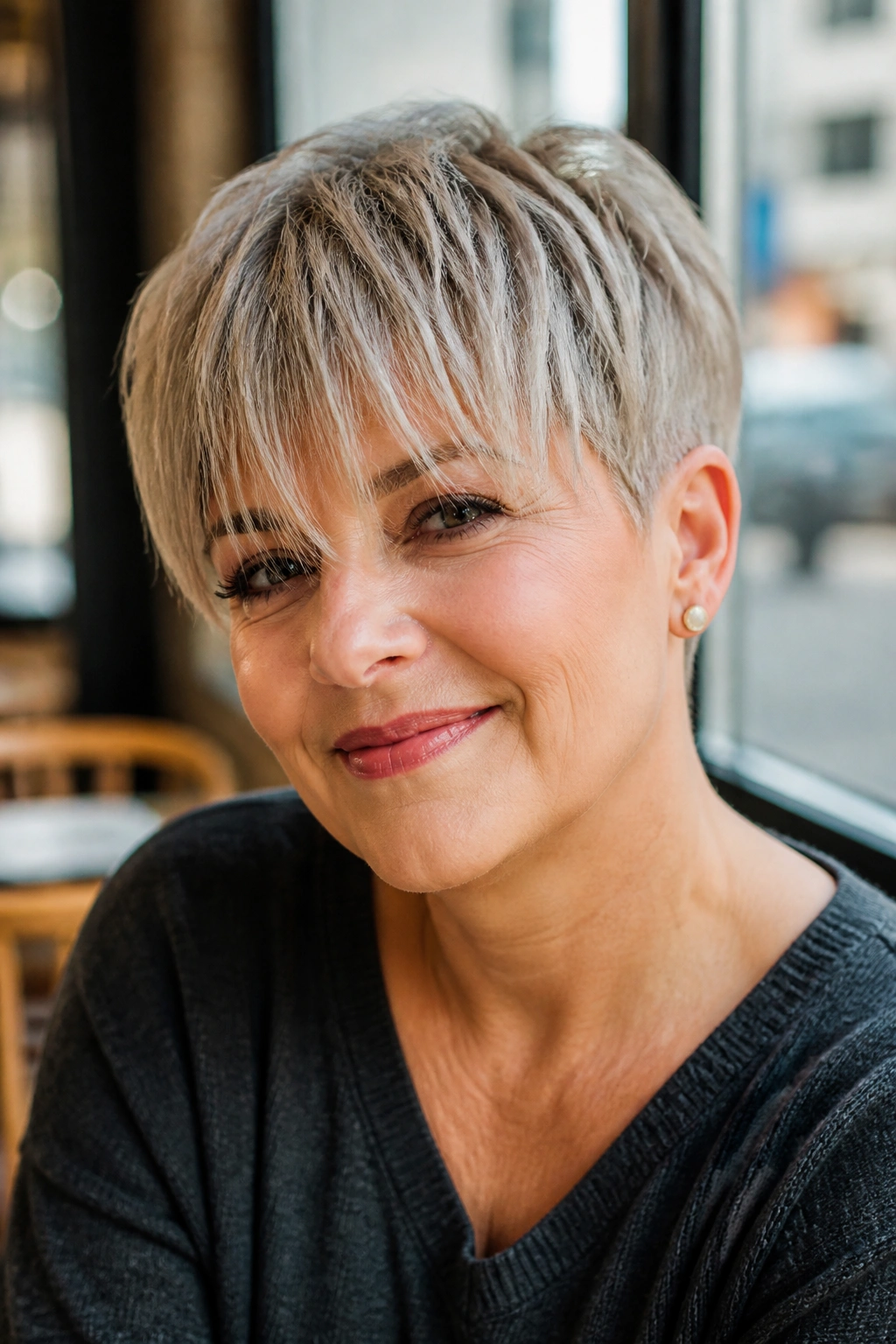 Close-up of a real woman with fringe-forward pixie and short temples, airy broken fringe