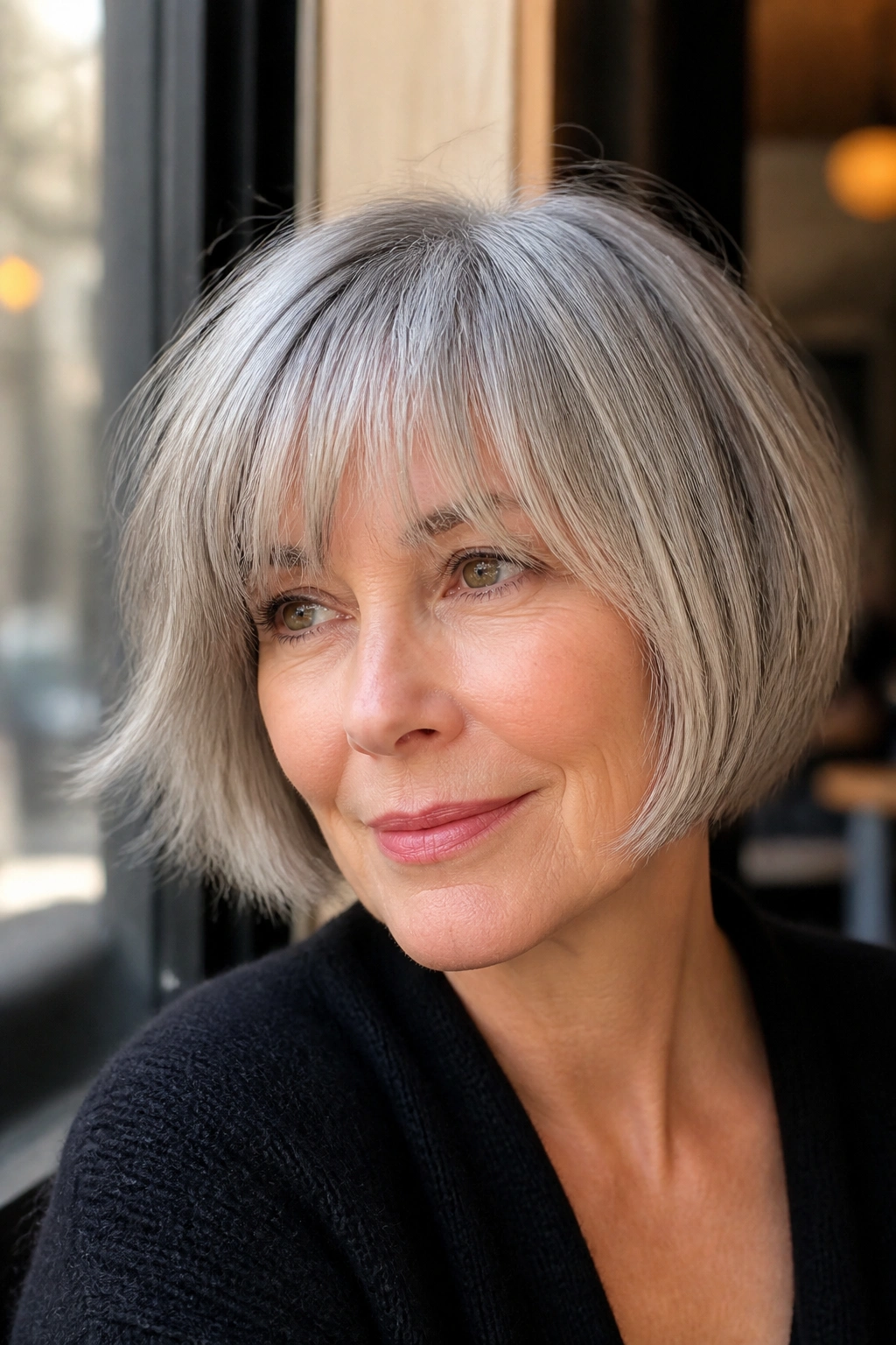 Close-up portrait of a real woman with a French bob and soft fringe