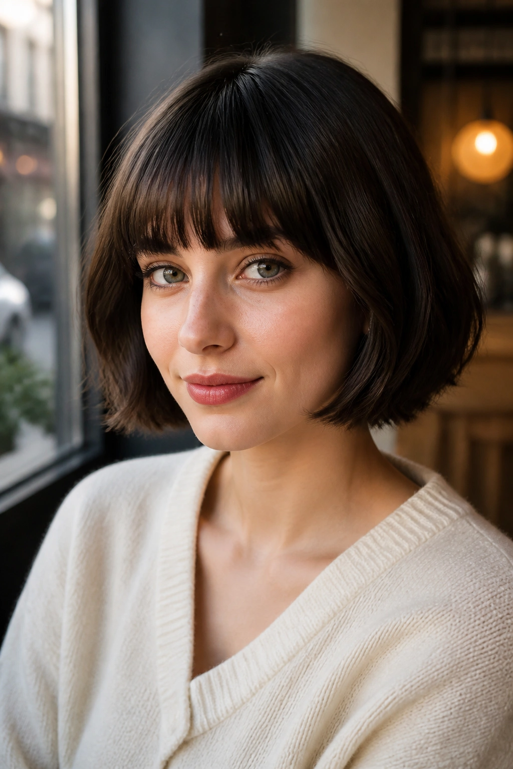 Close-up portrait of a real woman with a French bob and full fringe