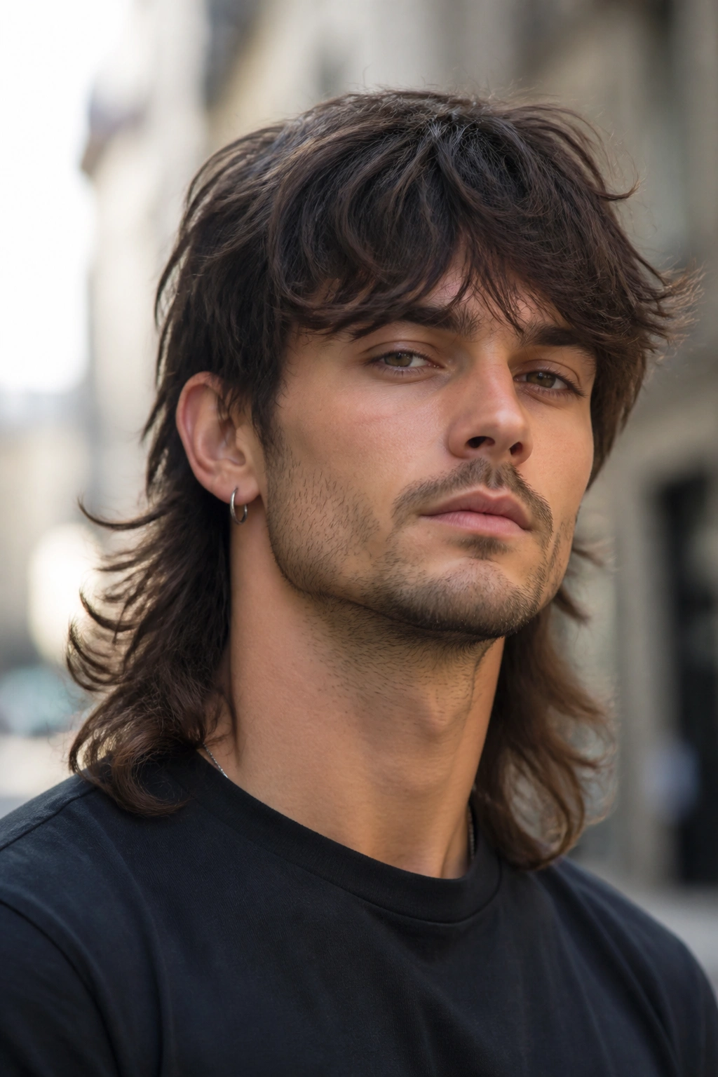 Man with long mullet fringe off-center and flowing back outdoors