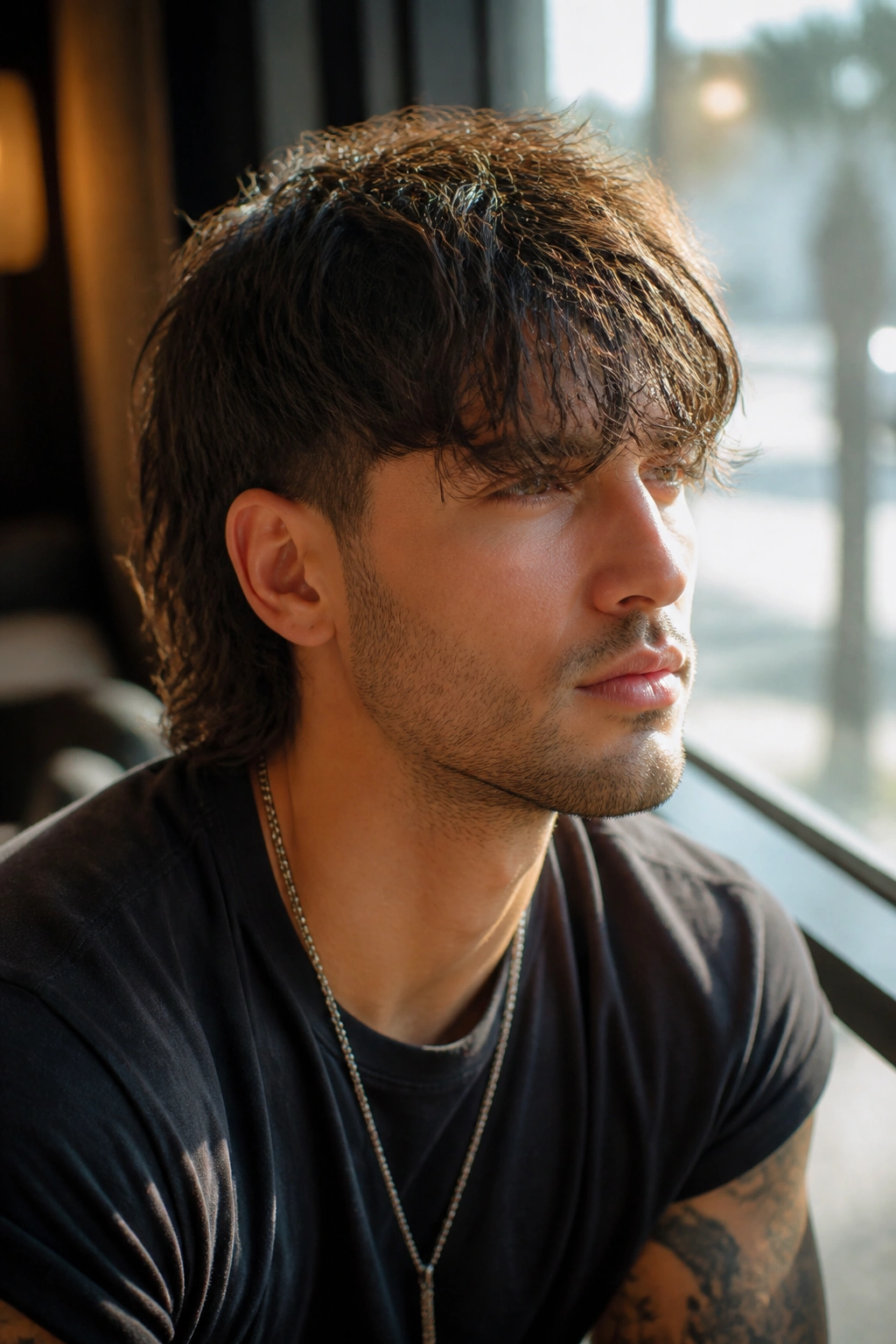 Close-up of a man with fringe mullet in a cafe window light.