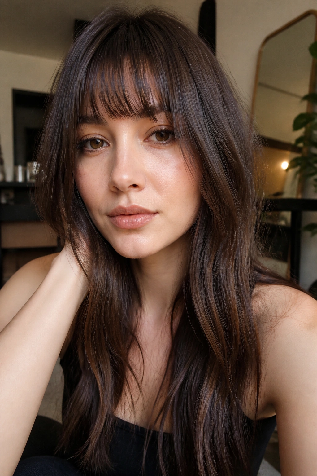 Real woman with blunt-to-choppy fringe in warm indoor light