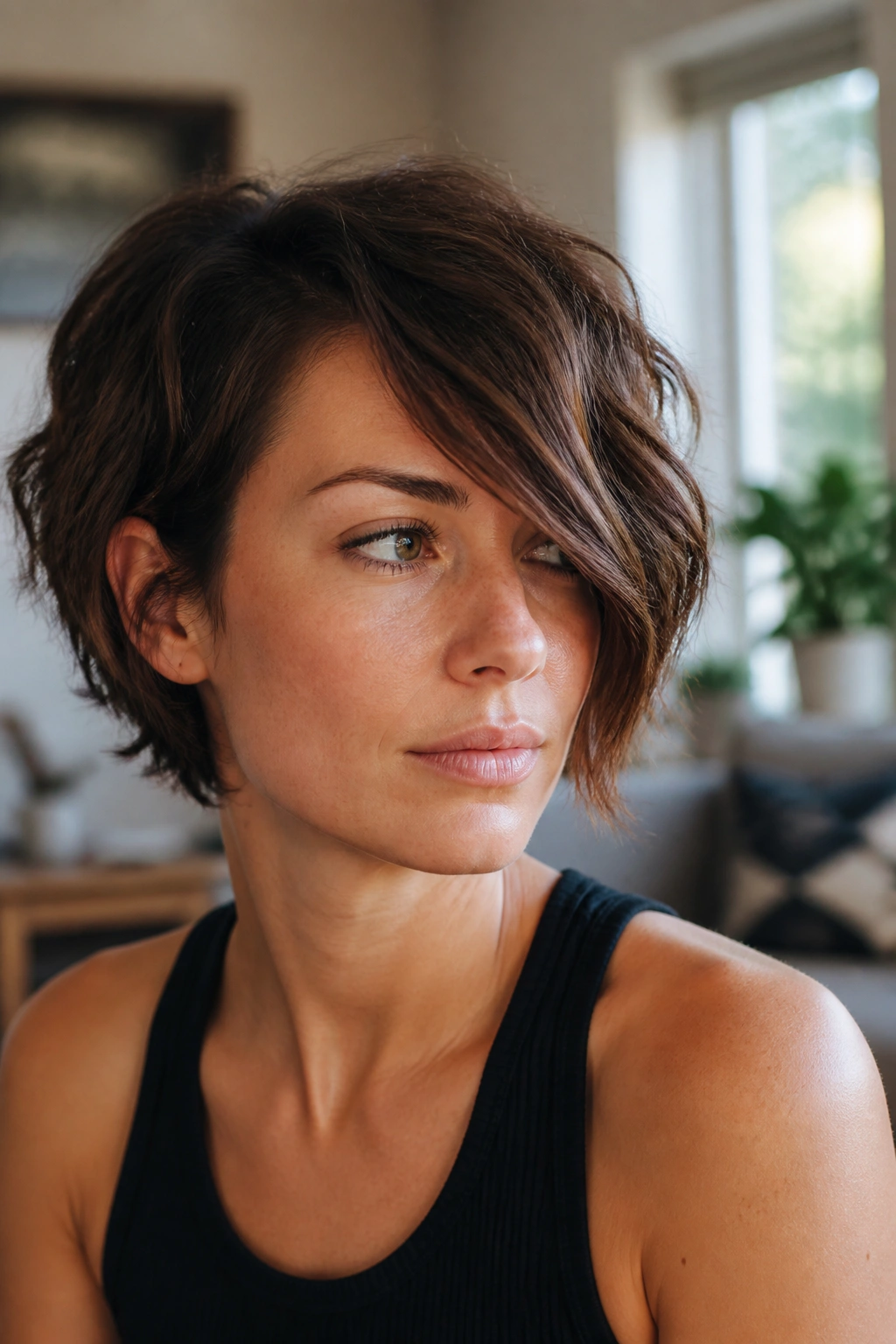 Real woman with cropped bob and long fringe sweeping across cheek in natural light