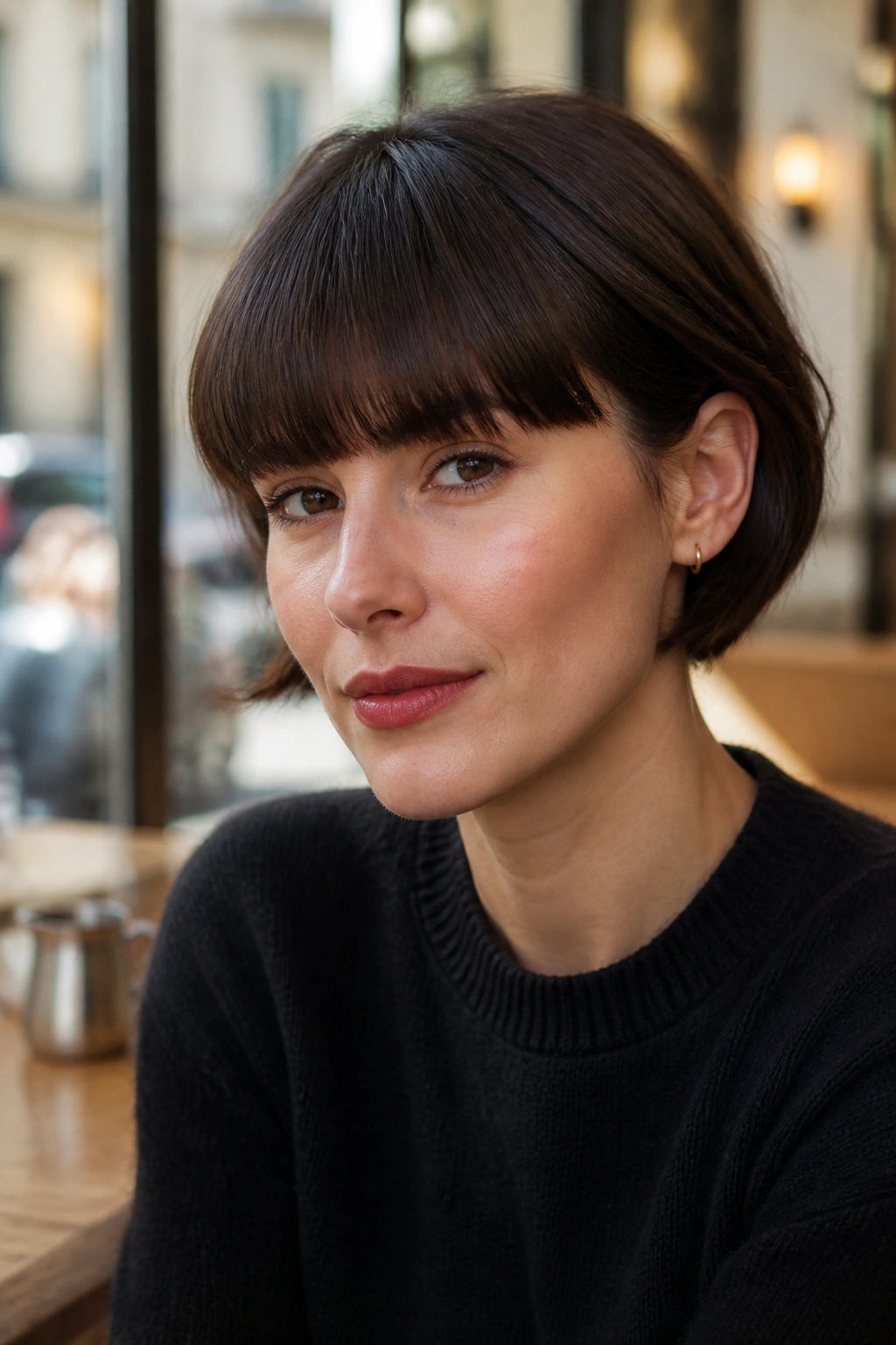 Portrait of a woman with a full fringe tucked behind ears on a French bob in a cafe