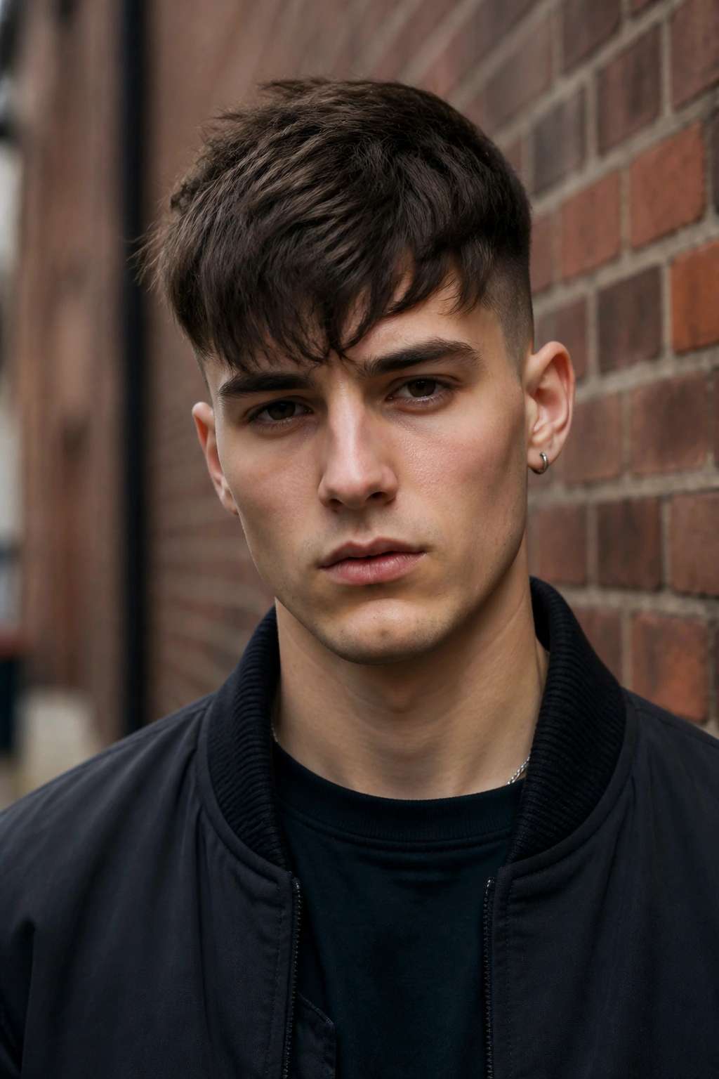 Portrait of a man with fringe undercut framing the forehead