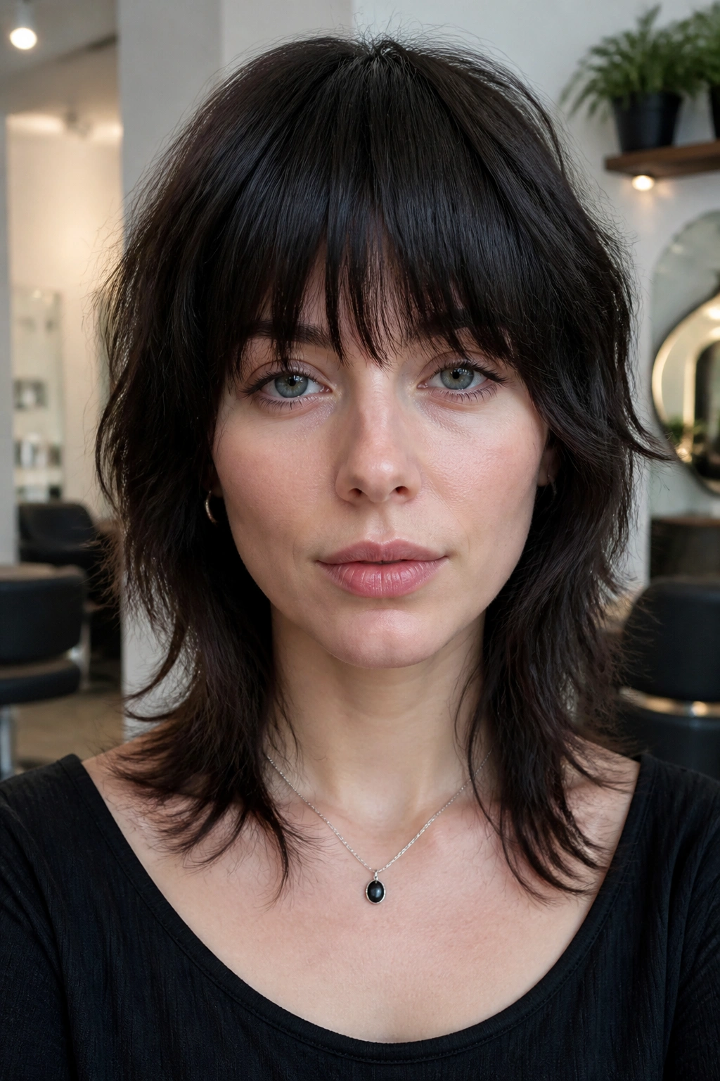 Real woman with heavy fringe wolf cut emphasizing forehead in a modern salon.