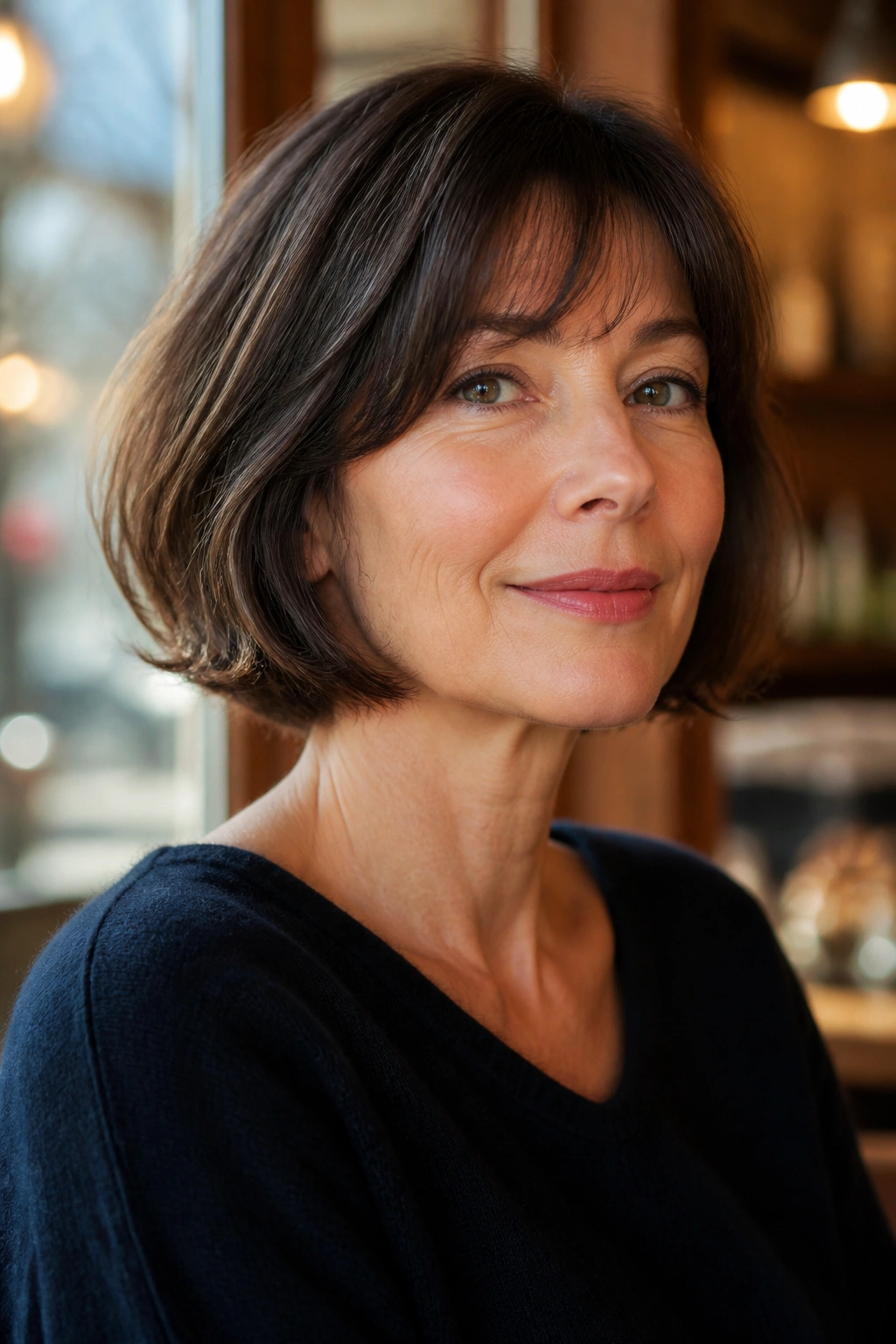 Close-up of a real woman with a French bob and gentle bend in warm cafe light