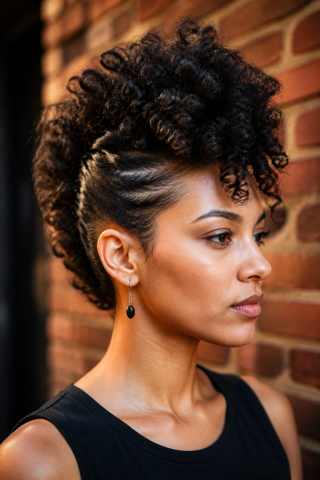 Close-up of a real person with a curly frohawk hairstyle
