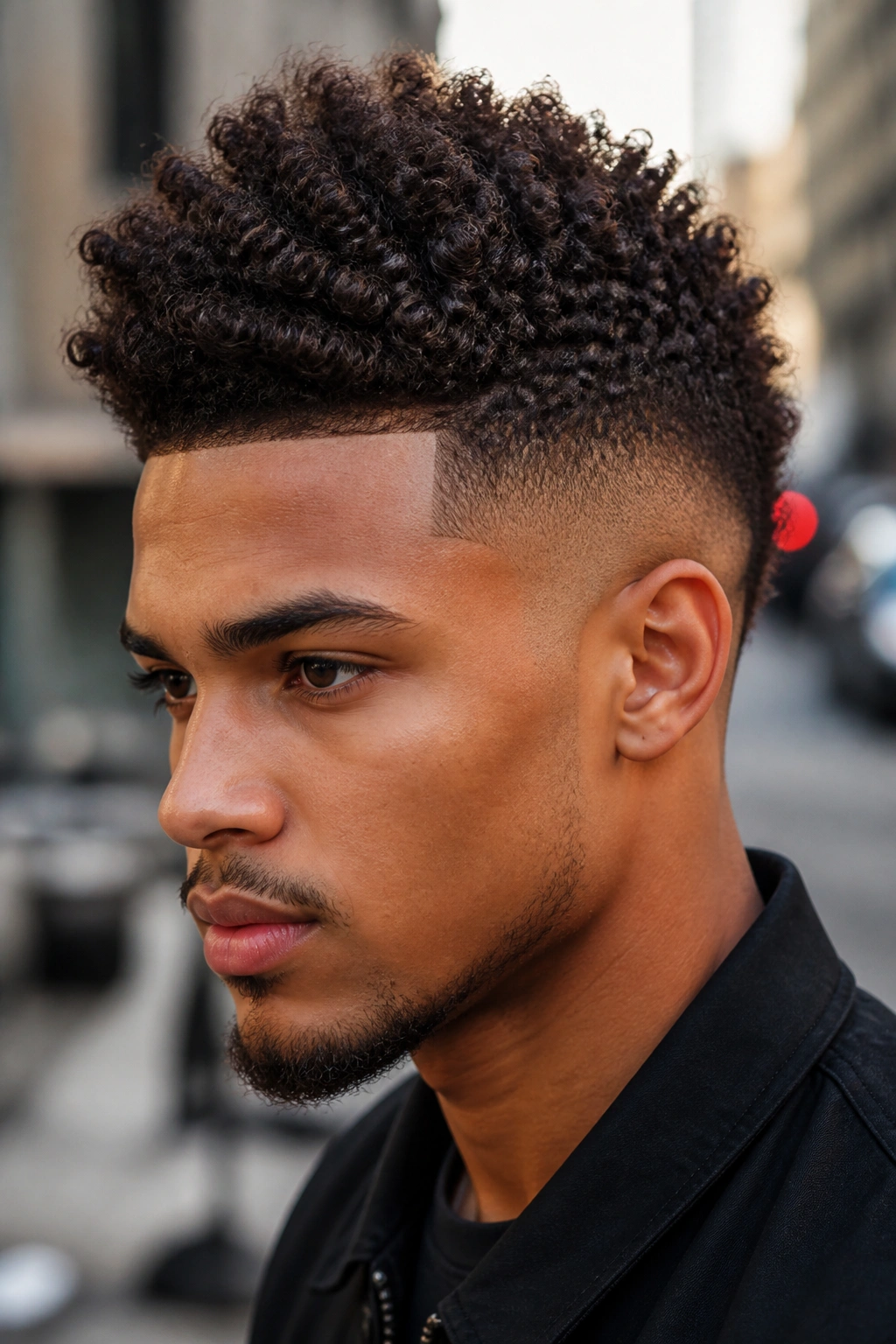 Close-up of a man with a center frohawk fade and defined ridge