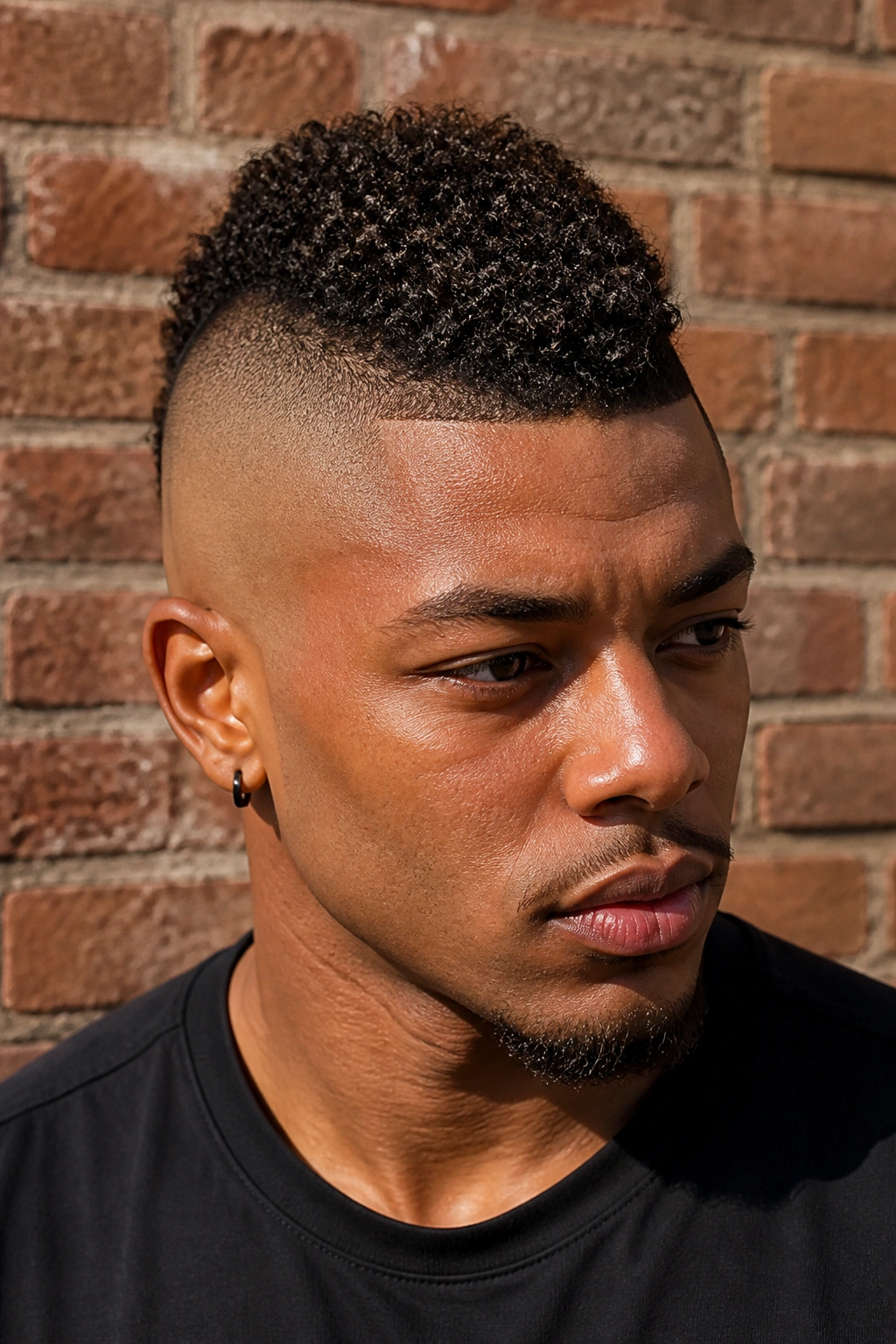Close-up of a real person with frohawk fade and center strip against brick wall