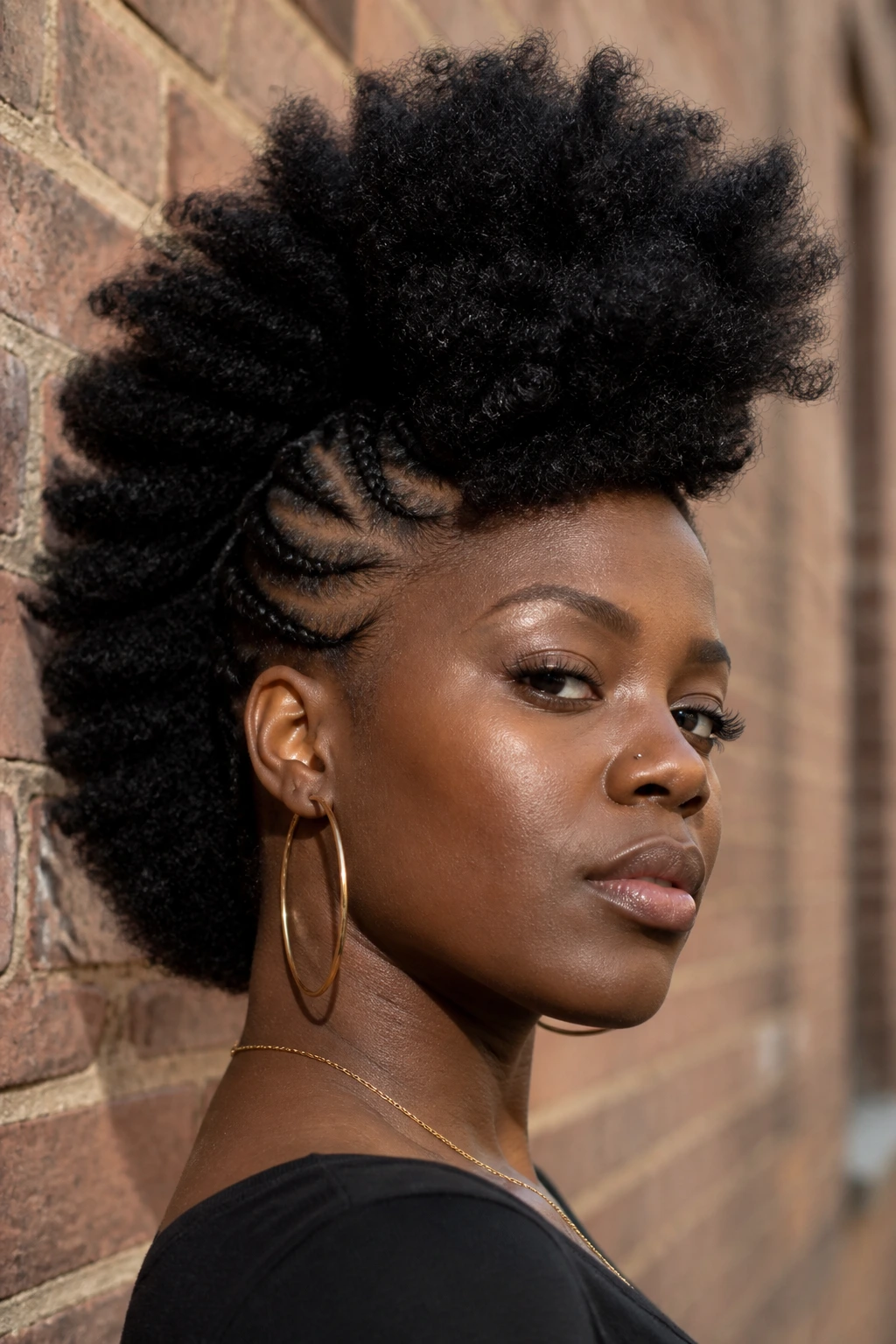 Portrait of a person with a frohawk hairstyle against an urban background