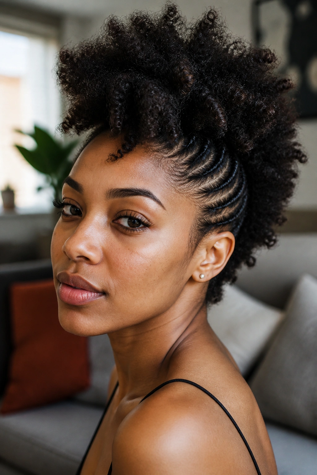 Close-up of a woman with a bold frohawk showing center texture and slicked sides.