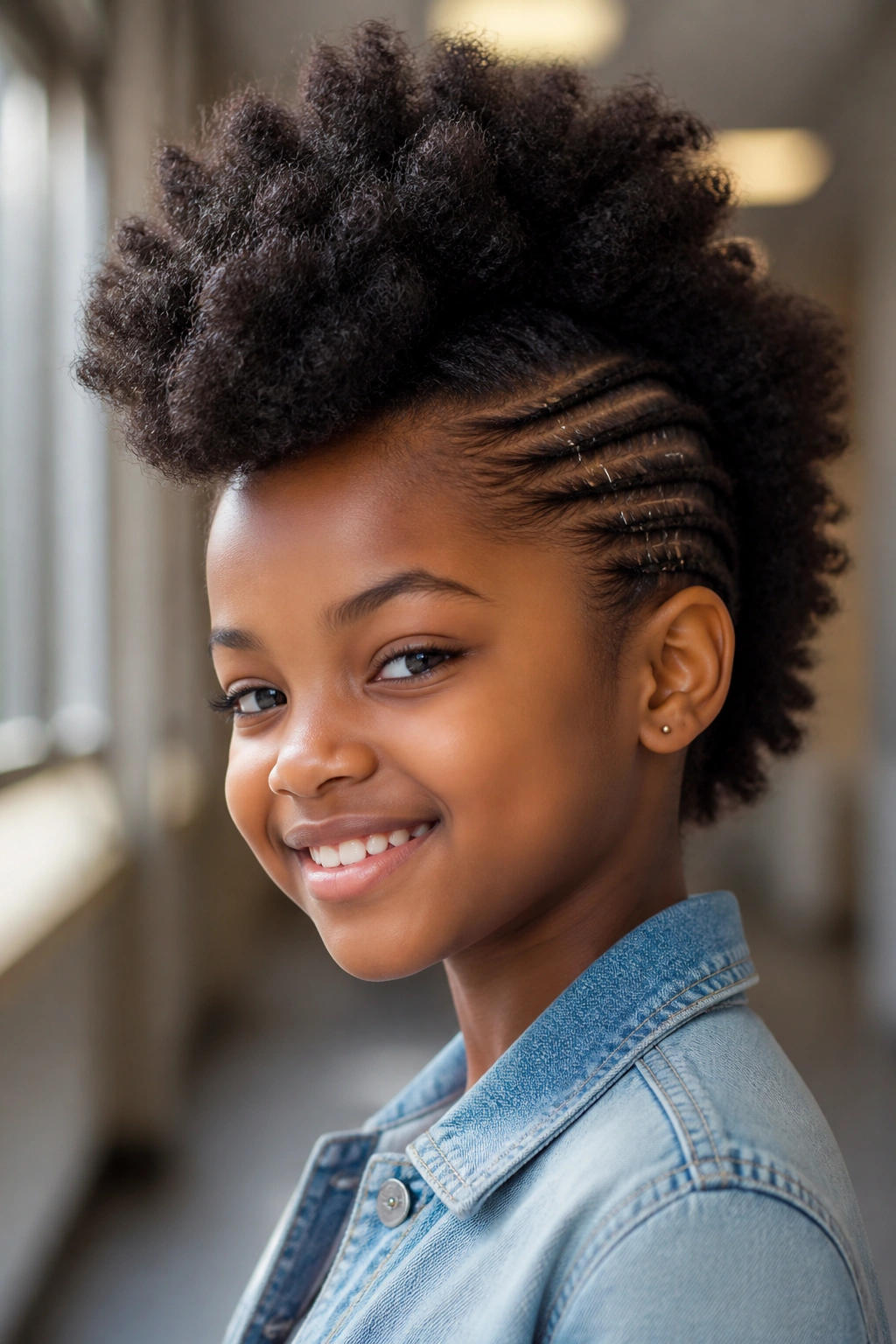 Close-up portrait of a girl with a frohawk and pinned sides