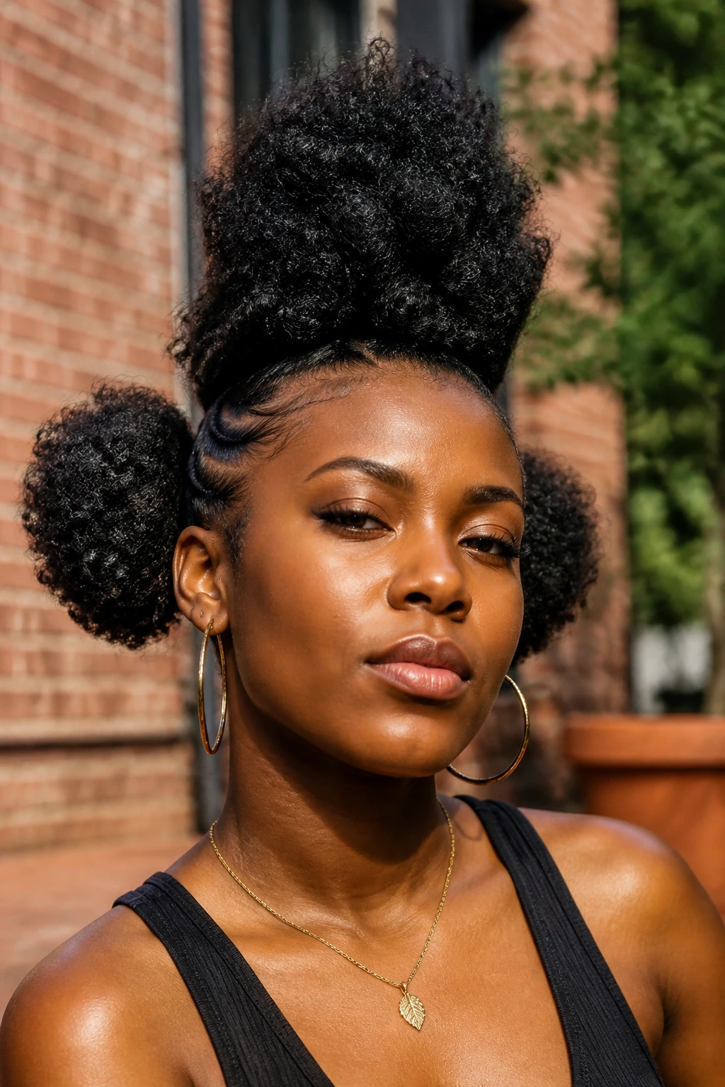 Close-up portrait of a real woman with a frohawk and side puffs