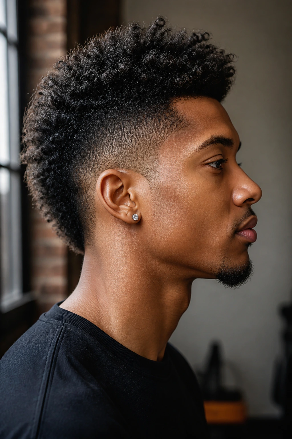 Side-profile of a real person with frohawk and tapered sides