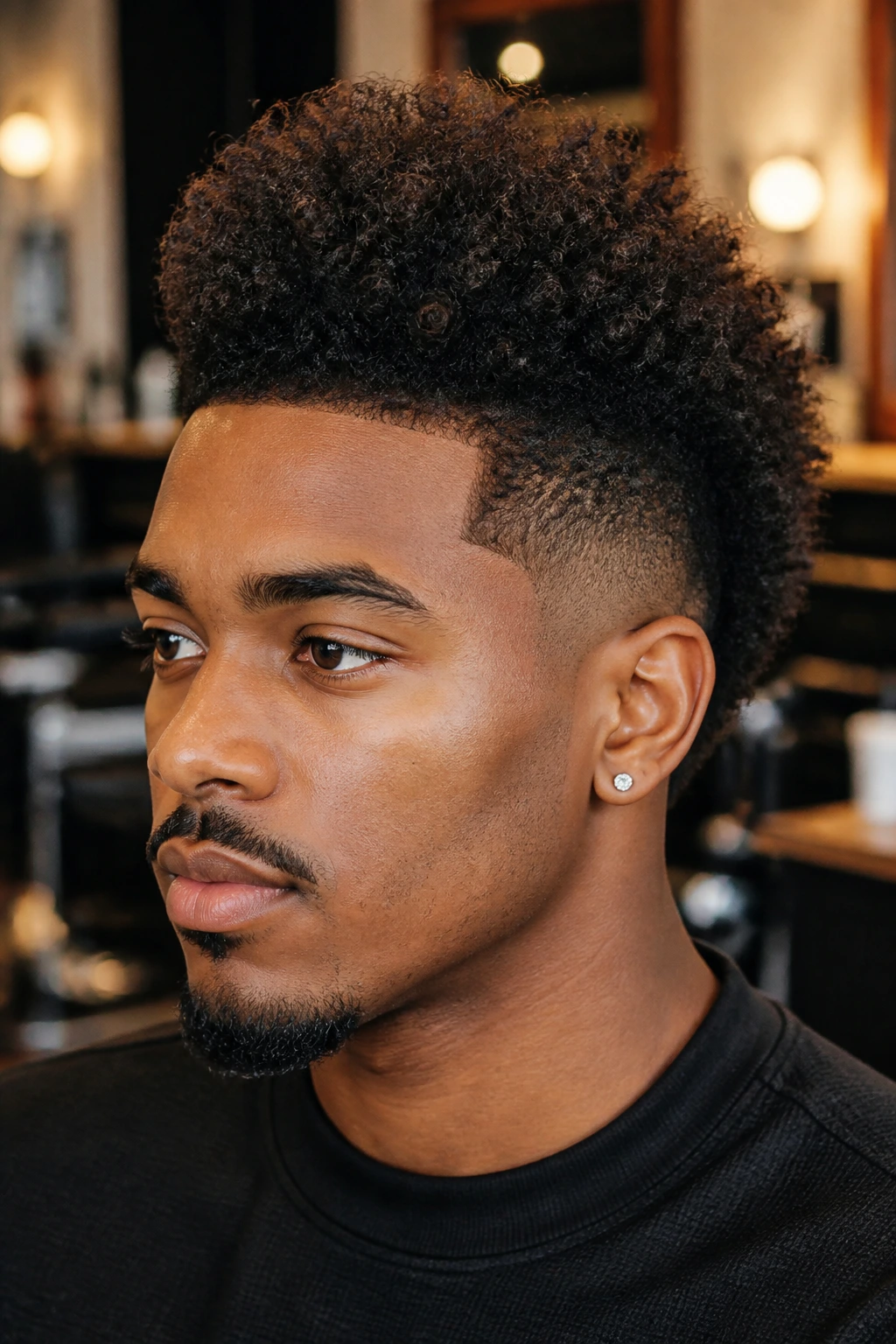 Close-up portrait of a man with a frohawk and tapered sides, thick middle curls and short sides, warm barbershop lighting.