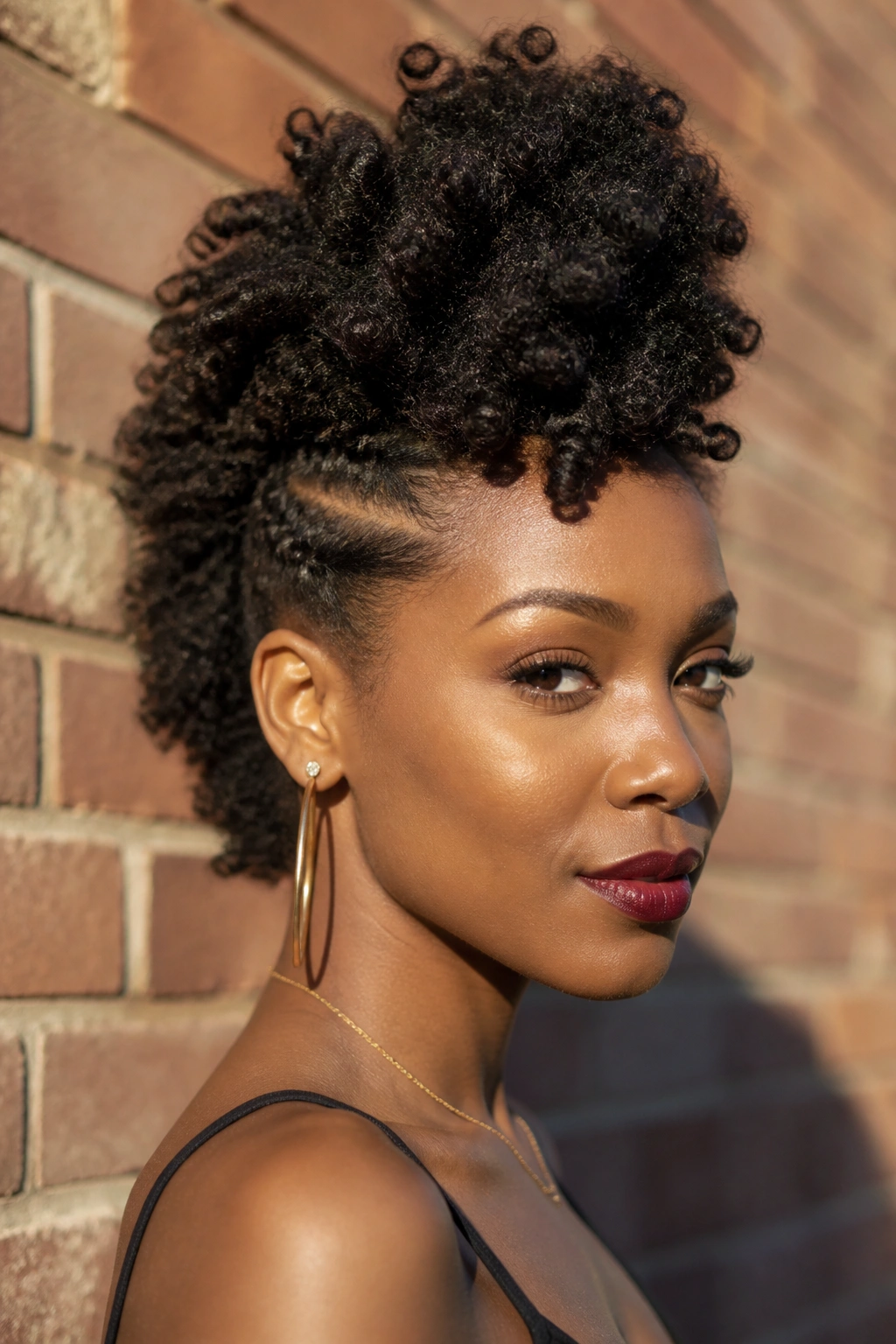 Portrait of a real person with a frohawk twist-out against an urban backdrop.