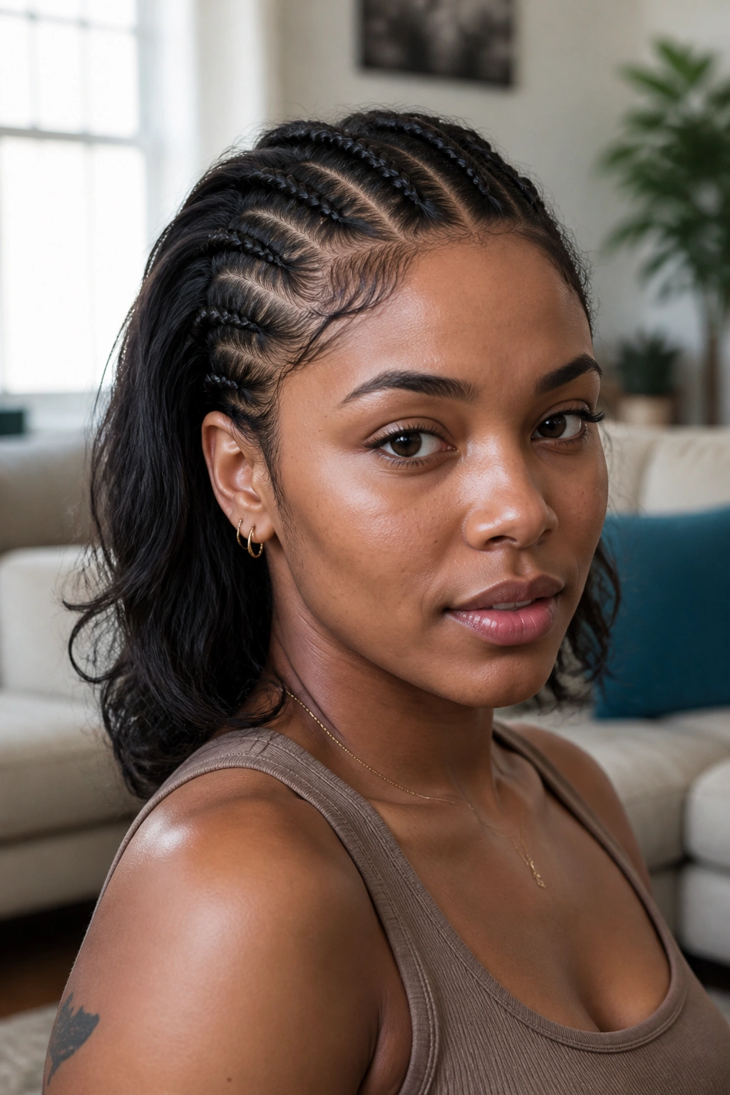 Close-up of real person with two to four front accent braids and loose back length
