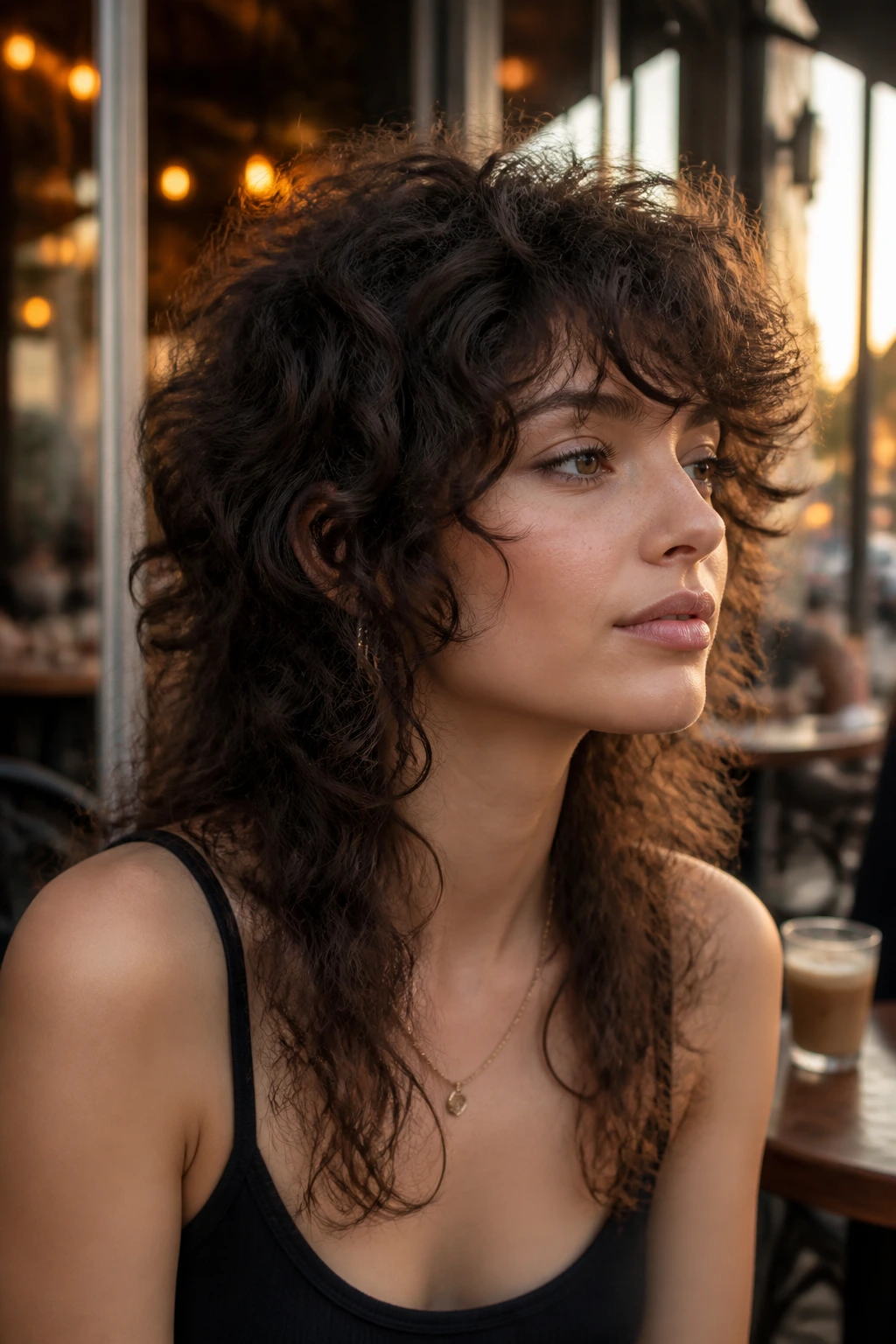 Portrait of a real person with shorter-front, longer-back wolf cut in golden-hour outdoor cafe setting