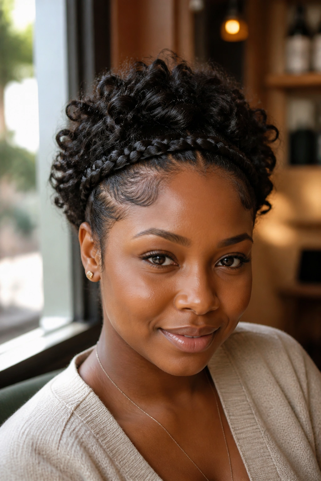 Close-up of a real woman with a front braid and curly crown in warm daylight