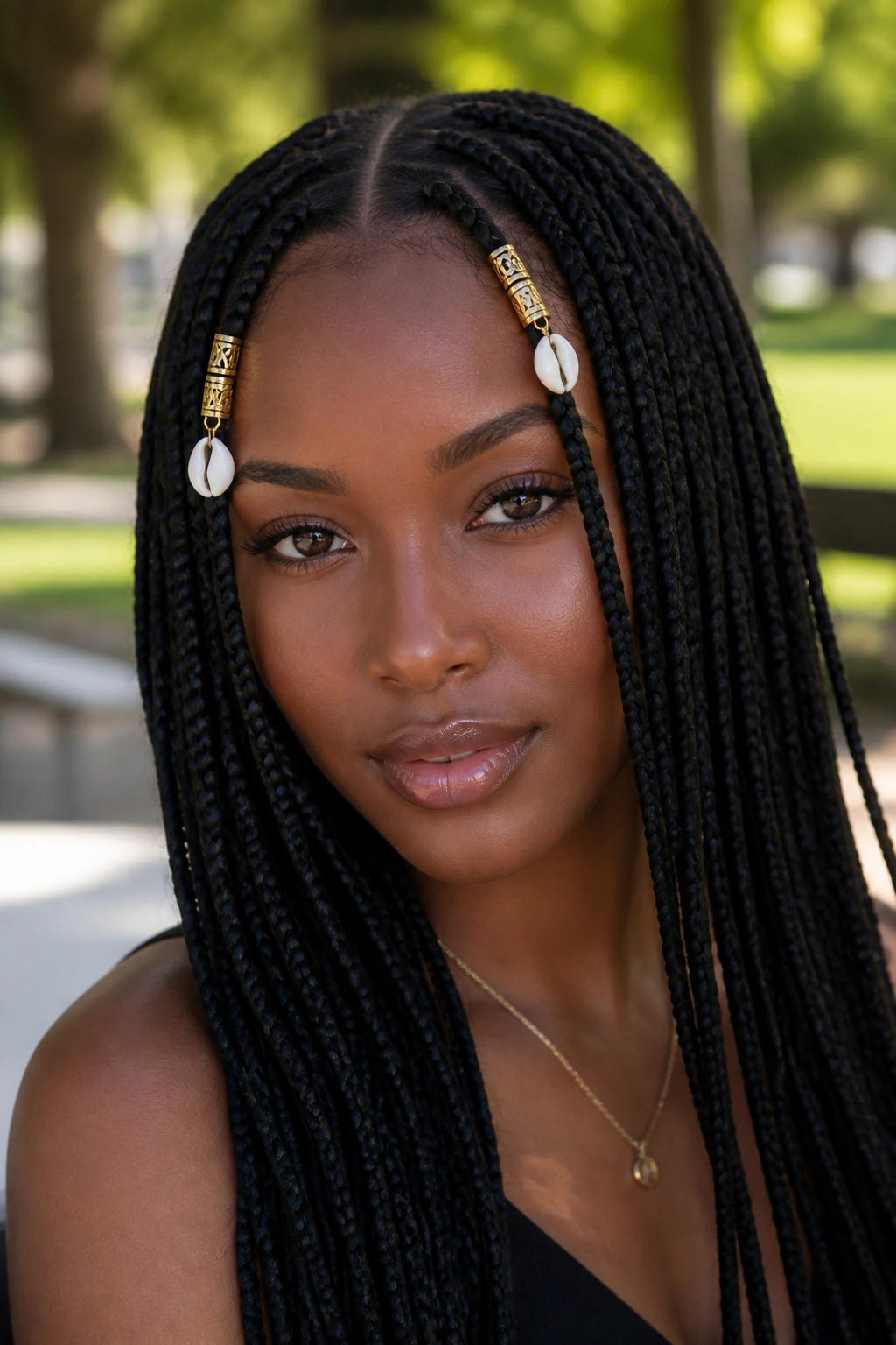 Close-up of front braids with cuffs near temples on a real person