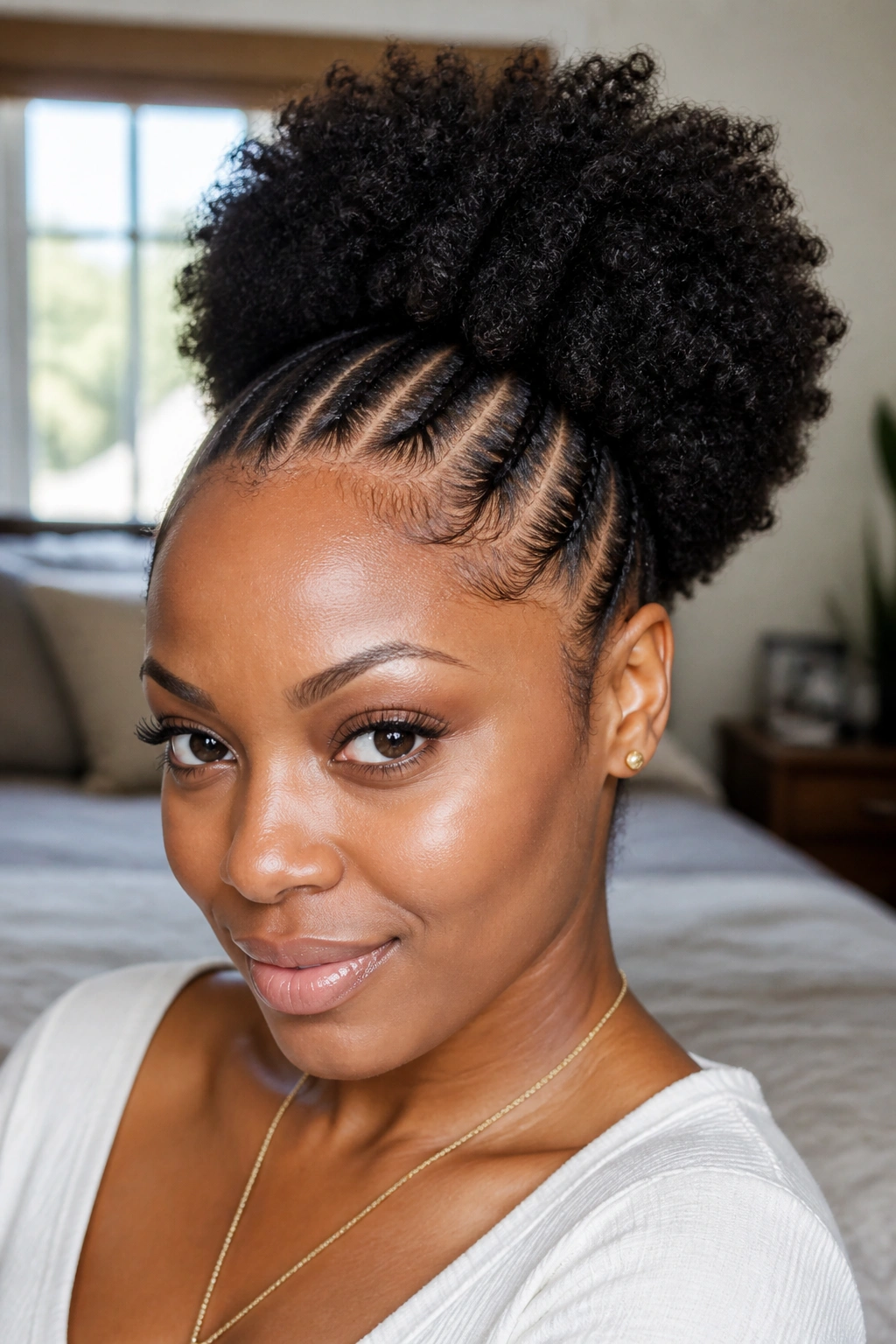 Close-up portrait of a real woman with mini hairline braids and a fro puff