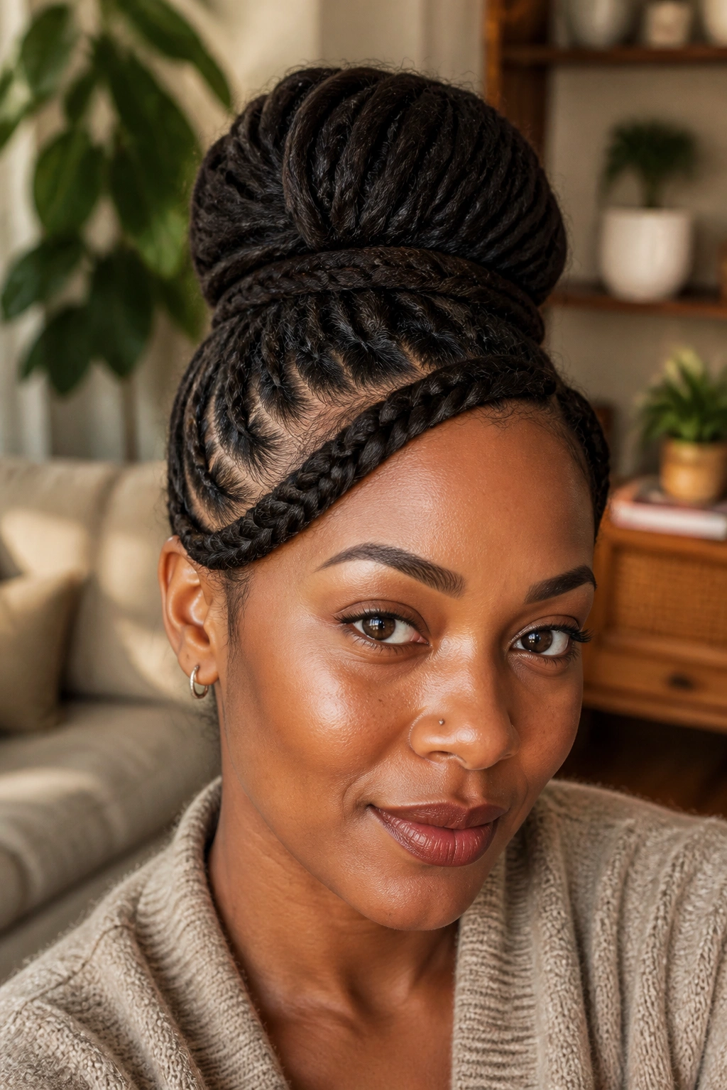 Close-up of a real woman wearing a front loc braid into a bun