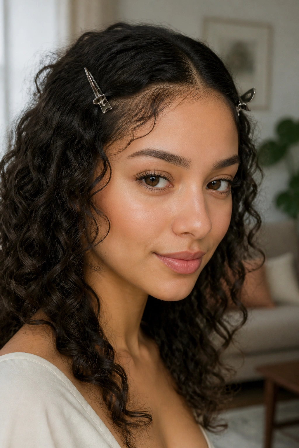 Real person with front pieces clipped back above the temples, curls visible