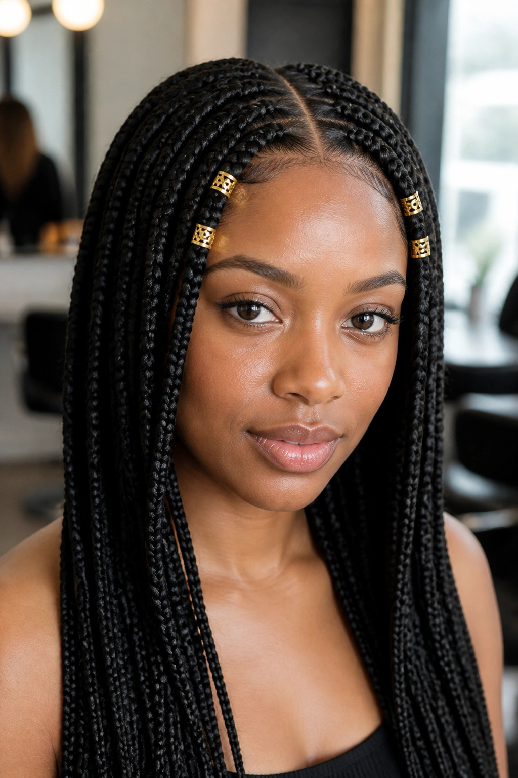 Close-up of a real woman with gold cuffs on front-row box braids framing the face