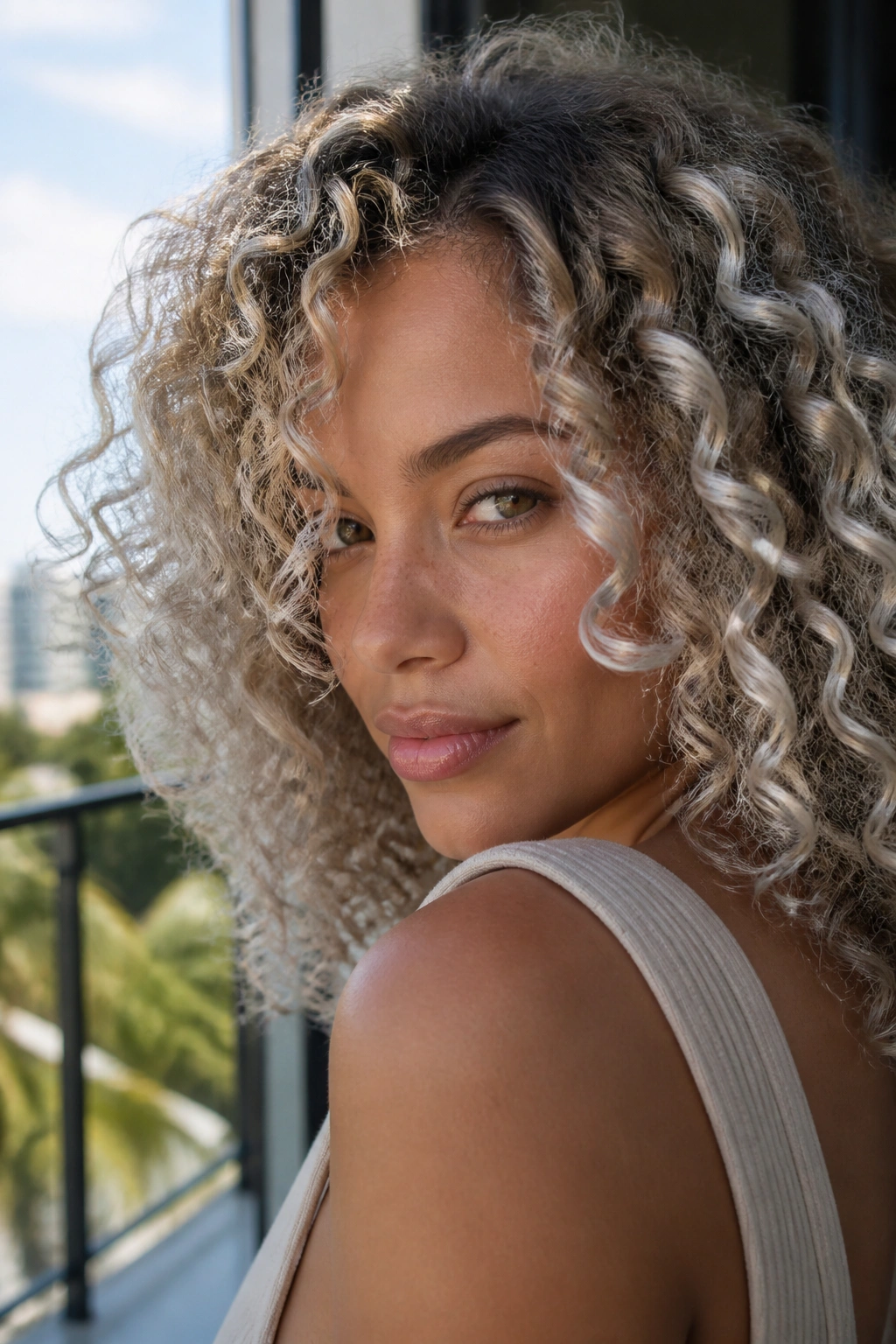 Close-up portrait of a woman with frosted ash blonde curls.