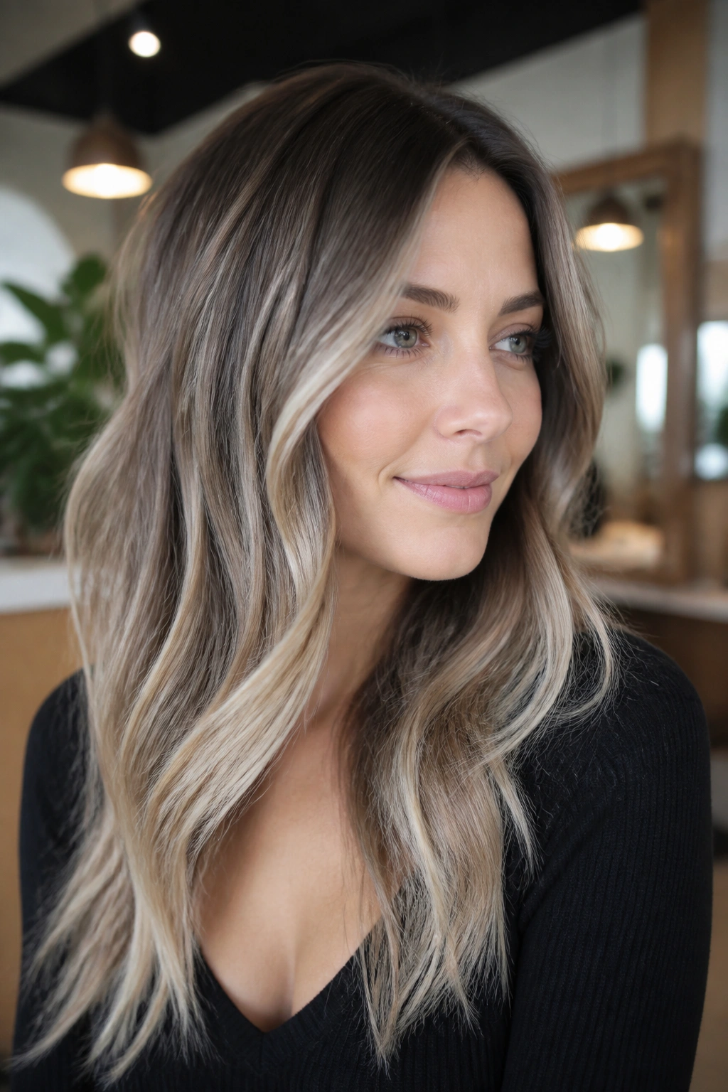 Portrait of a real woman with frosted beige balayage hair