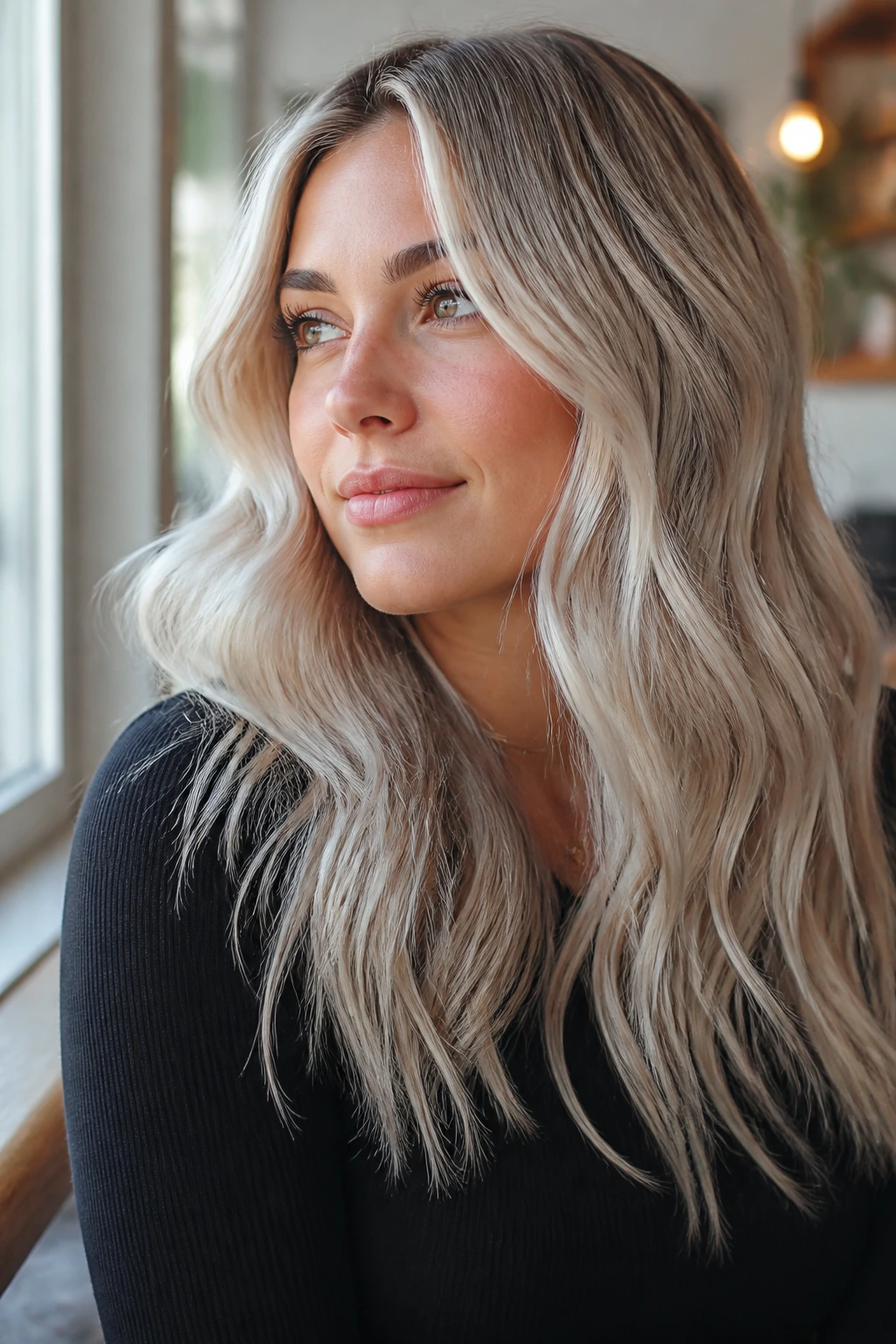 Close-up portrait of a real woman with frosted blonde waves in cool tones.