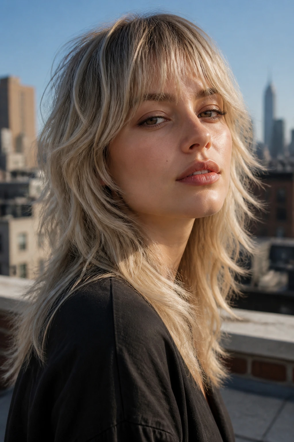 Close-up portrait of a real woman with frosted blonde wolf cut and choppy air bangs on a rooftop at golden hour.