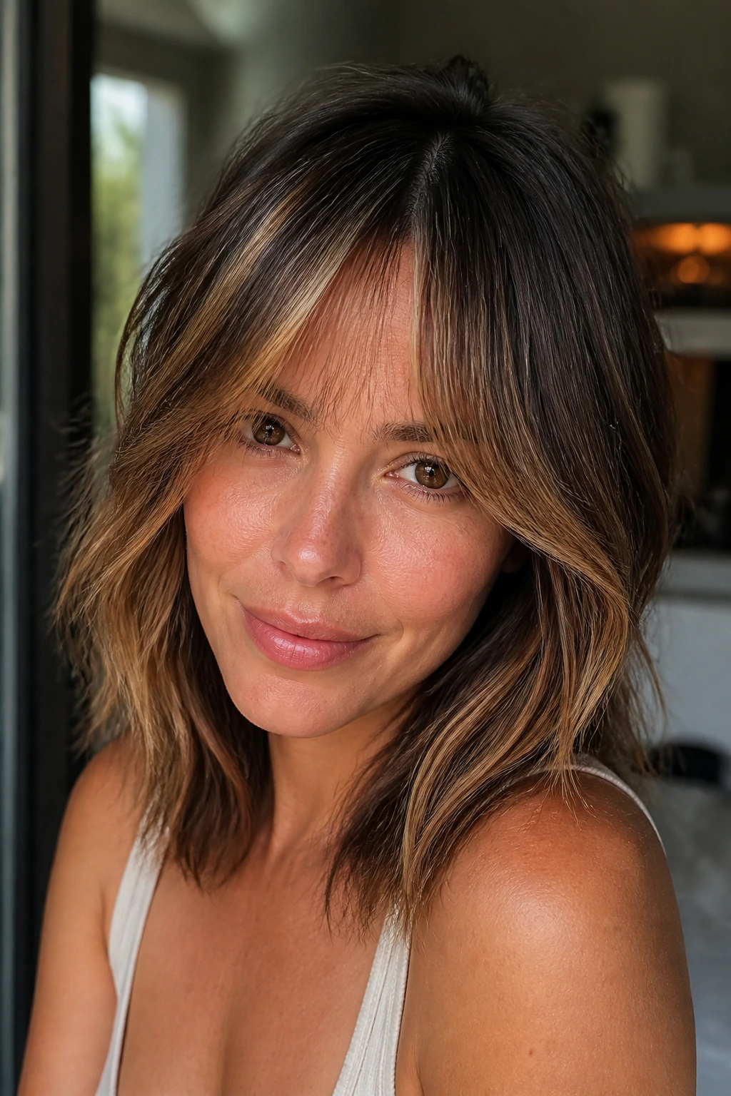 Close-up portrait of a real woman with frosted caramel fringe
