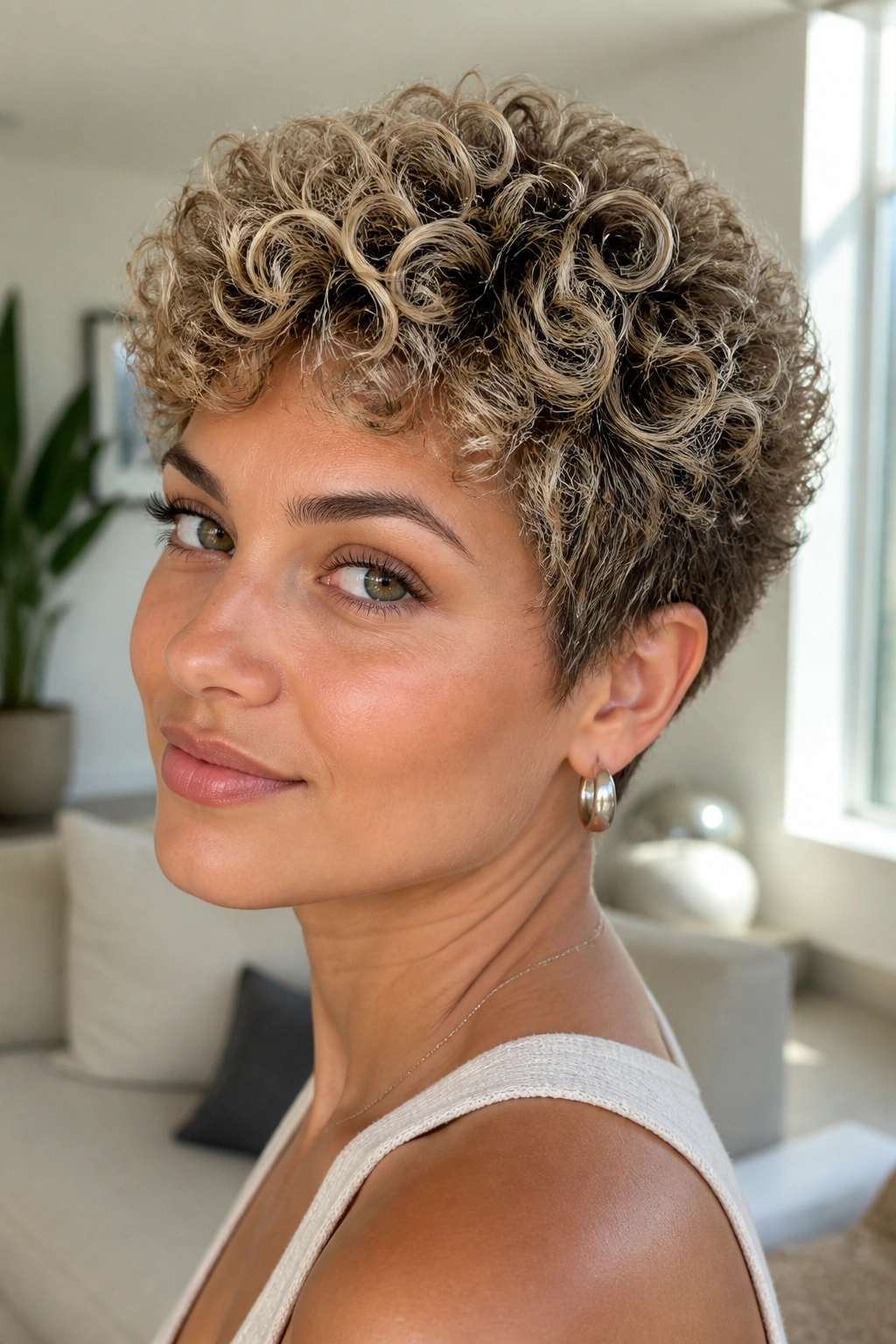 Close-up of a real person with a short curly crop and frosted highlights at the curl bends.