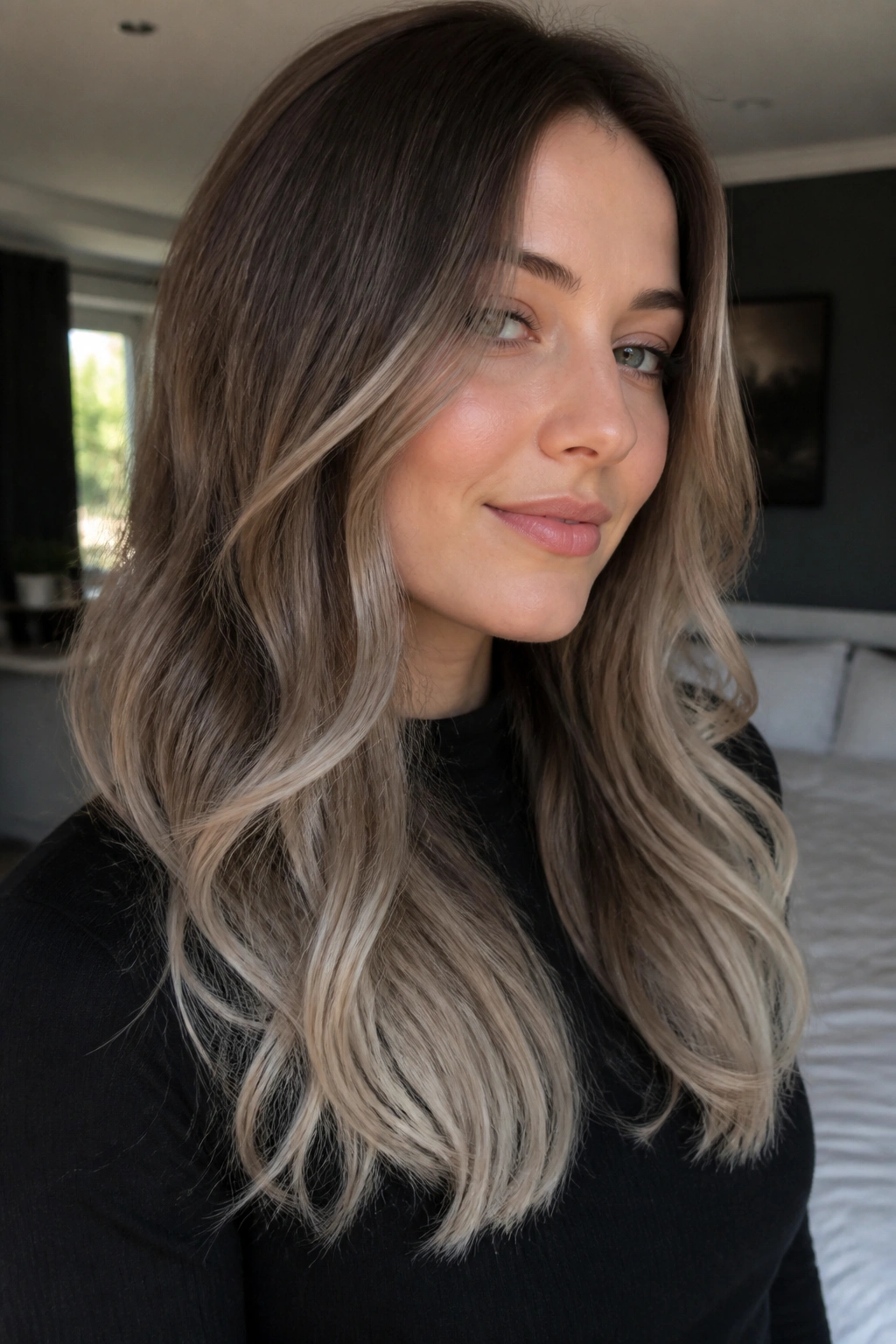 Close-up of cool beige brown hair with frosted silver ends on a real person