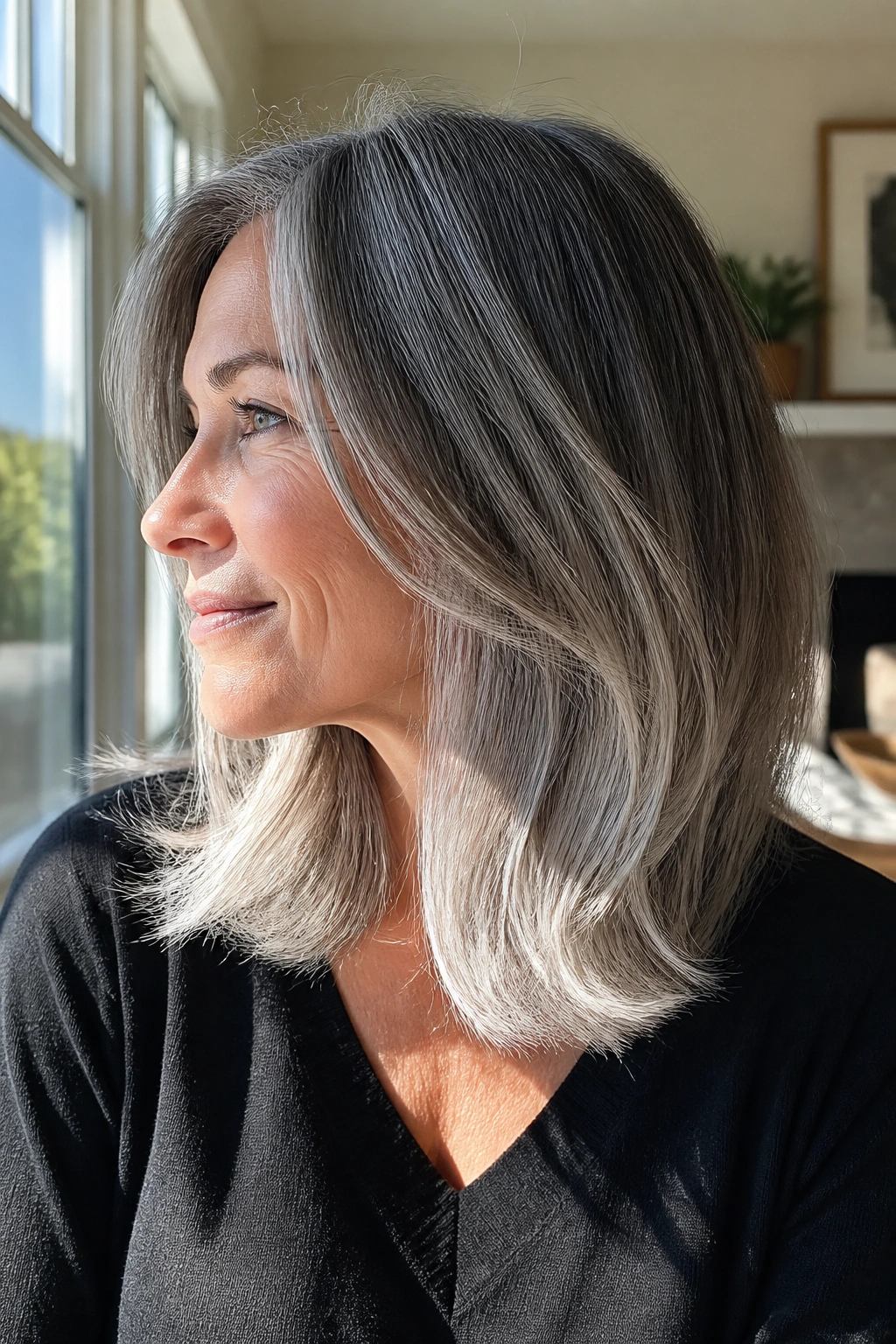 Profile shot of shoulder-length grey hair with frosted ends