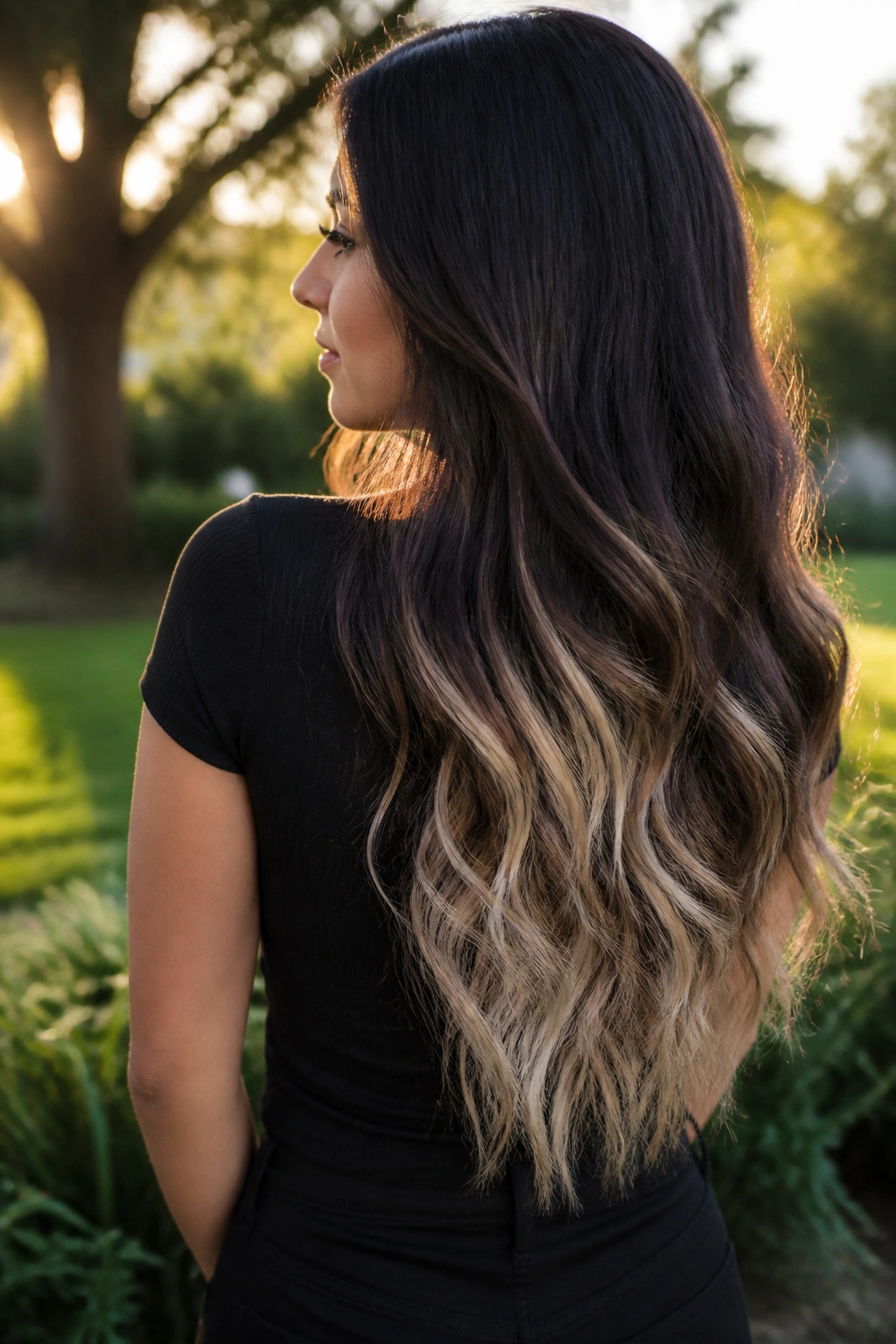 Long dark hair with frosted ends viewed from side