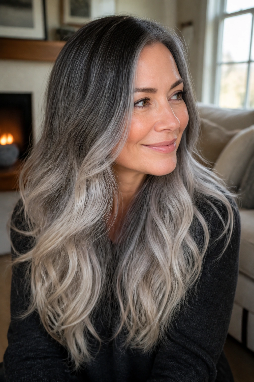 Close-up of long salt-and-pepper hair with frosted ends and soft root shadow