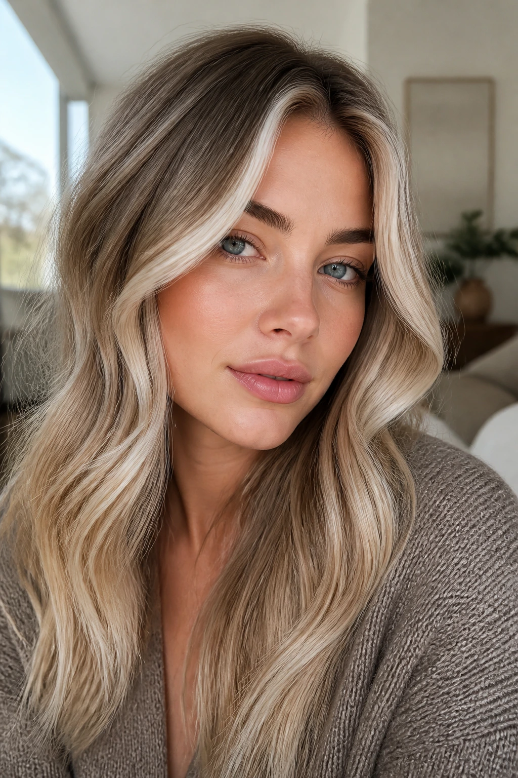 Close-up of a woman with frosted face-framing blonde front pieces around the cheeks.