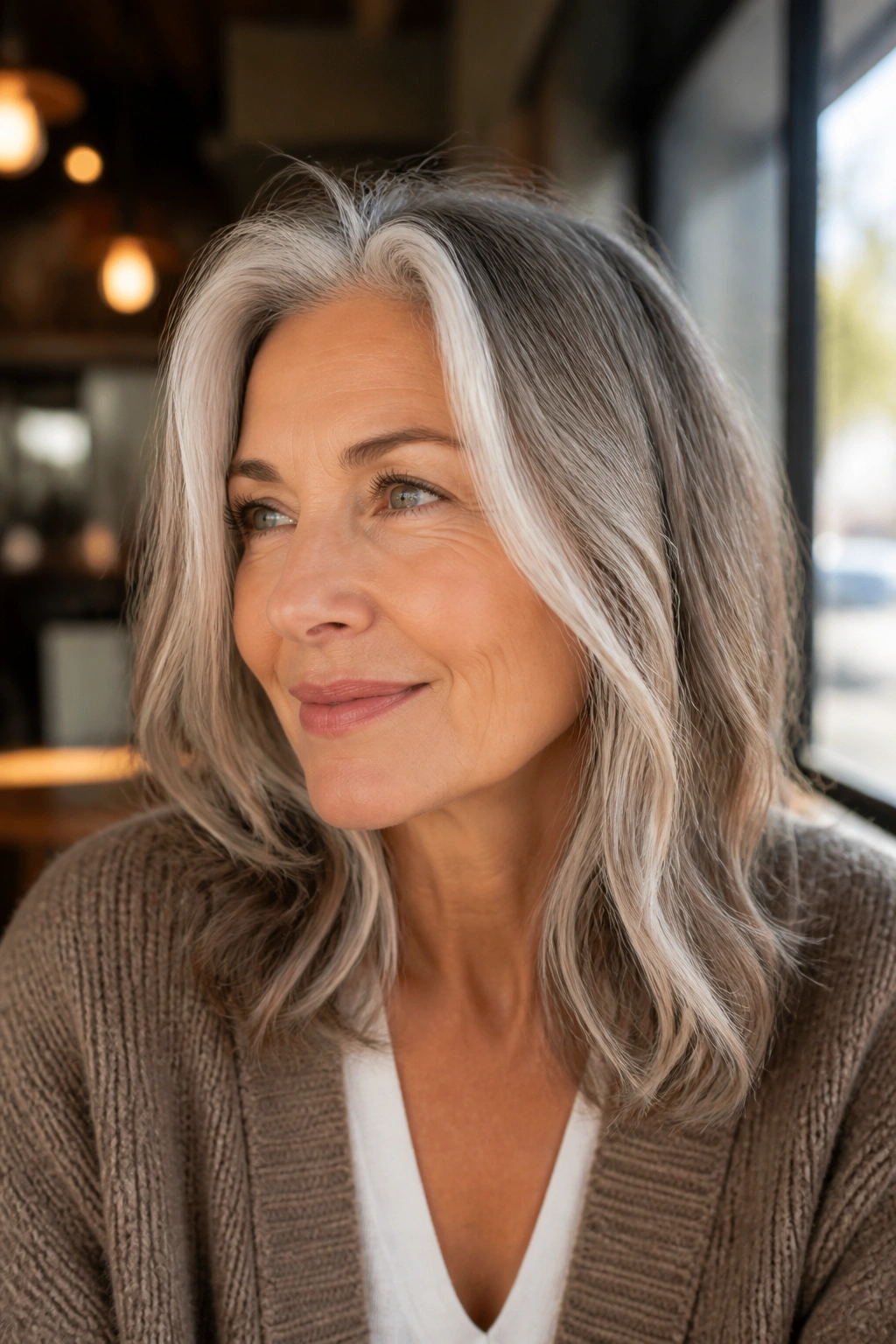 Close-up of a real woman with frosted face-framing highlights