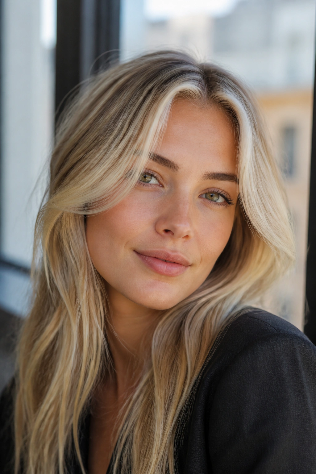 Close-up portrait with frosted fringe blonde framing the face