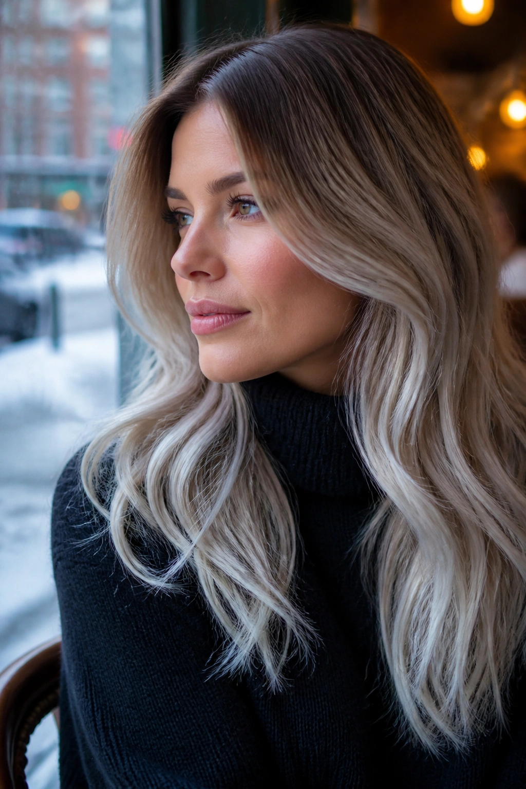Close-up portrait of a real woman with Frosted Ombré Blonde hair showing dark roots and frosted ends in winter lighting
