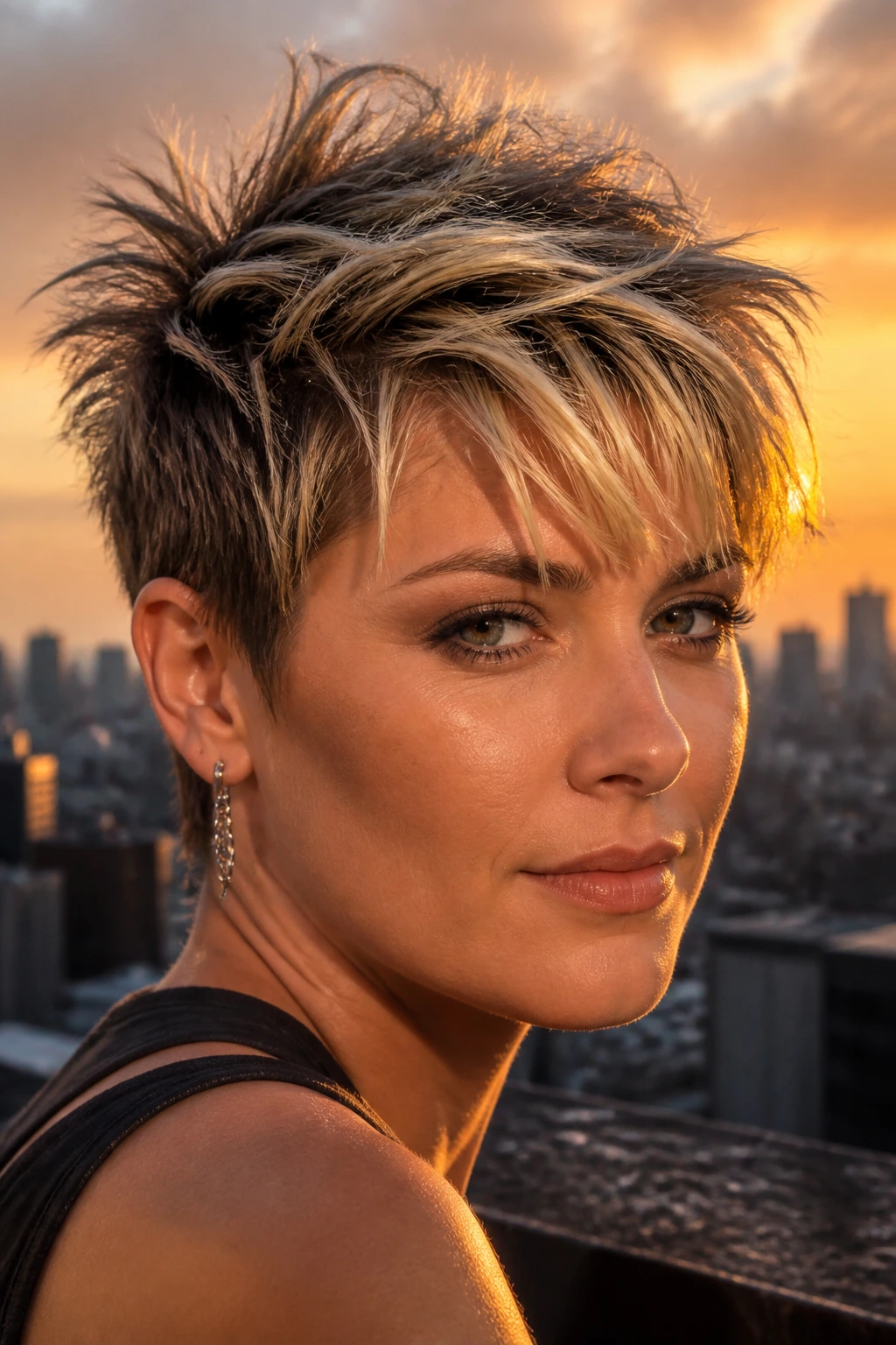 Close-up of real woman with frosted piecey pixie on rooftop at sunset