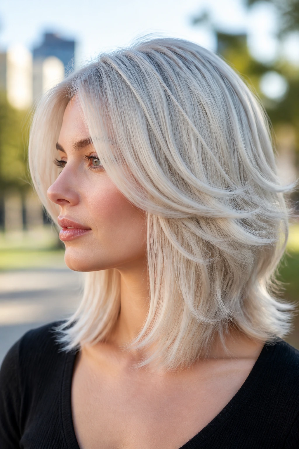 Close-up portrait of a real woman with frosted platinum layers in natural morning light