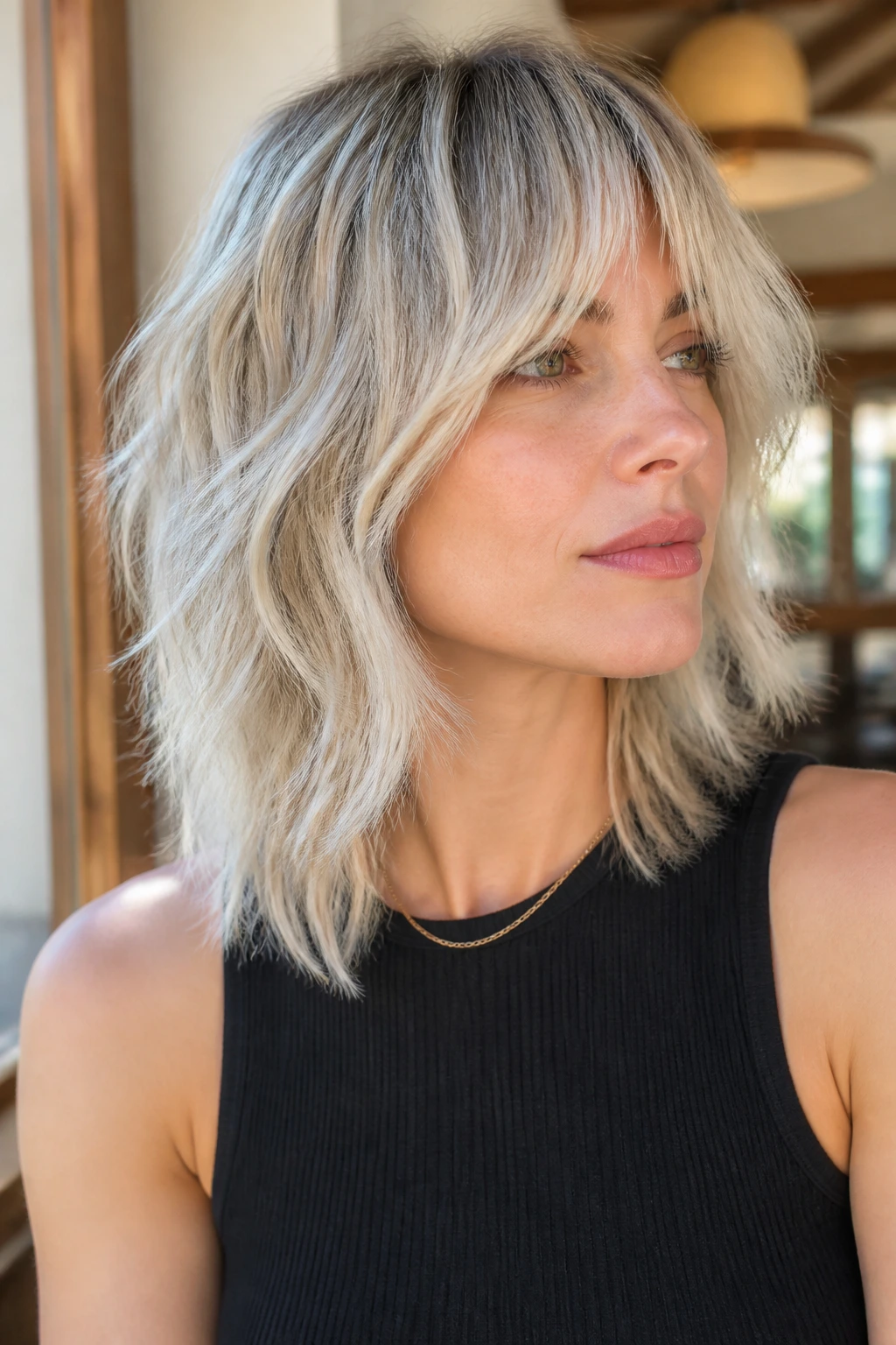 Close-up of a real person's frosted shag with soft ends in pale beige tones