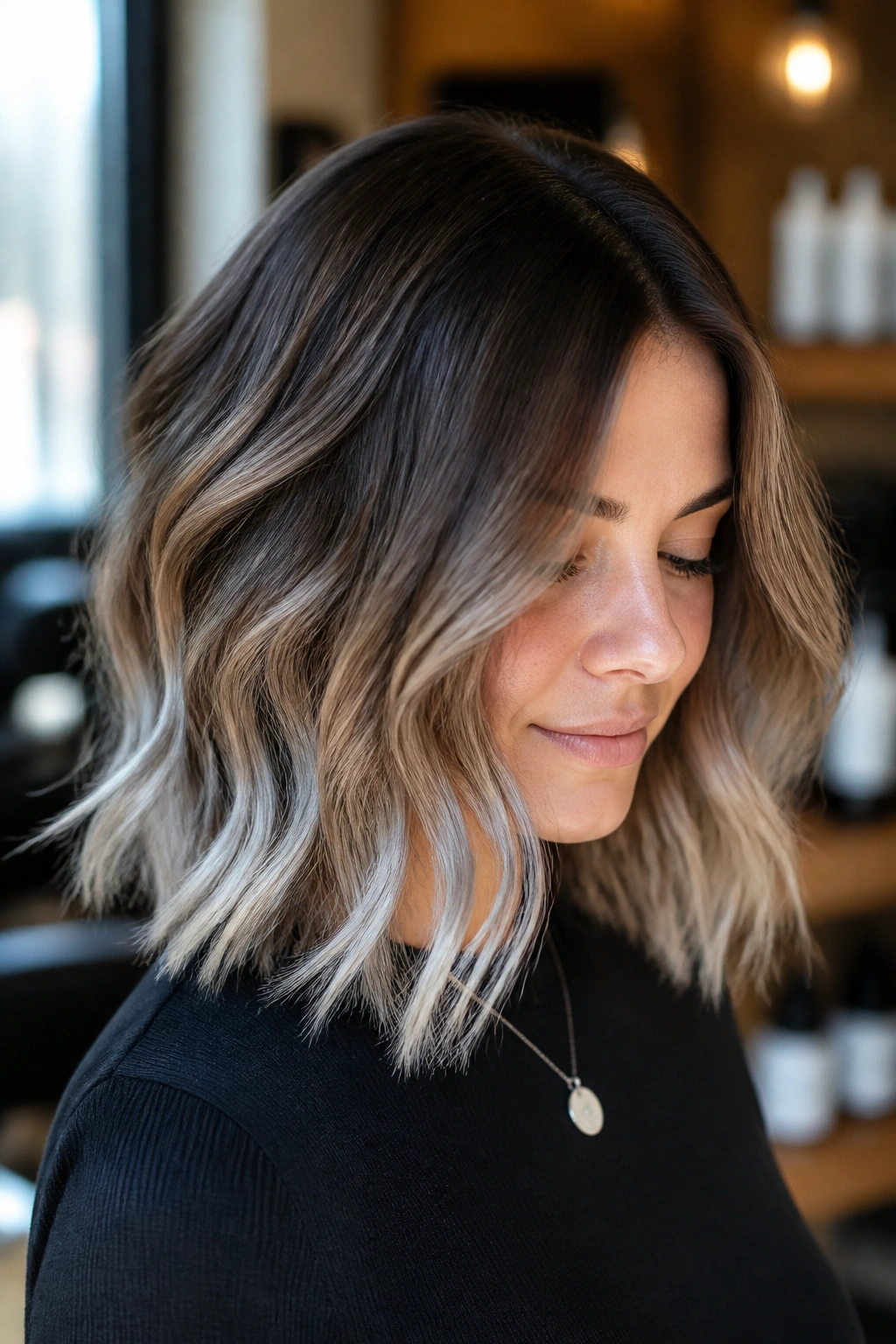 Wavy lob with frosted silver ends on a real person