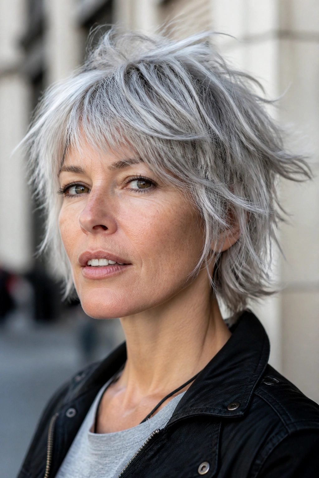 Real person with frosted silver shag and choppy layers