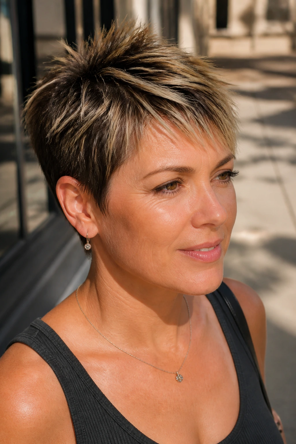 Close-up portrait of a real woman with frosted-tip pixie hairstyle
