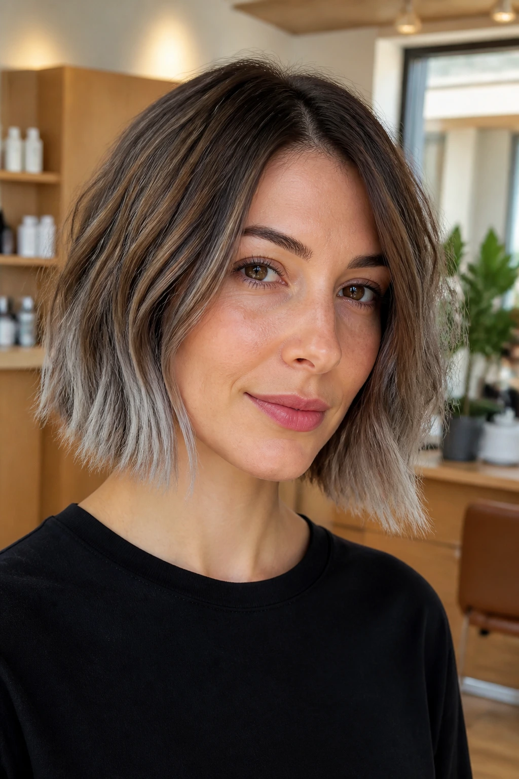 Real person with ash-grey tipped hair on a short layered cut